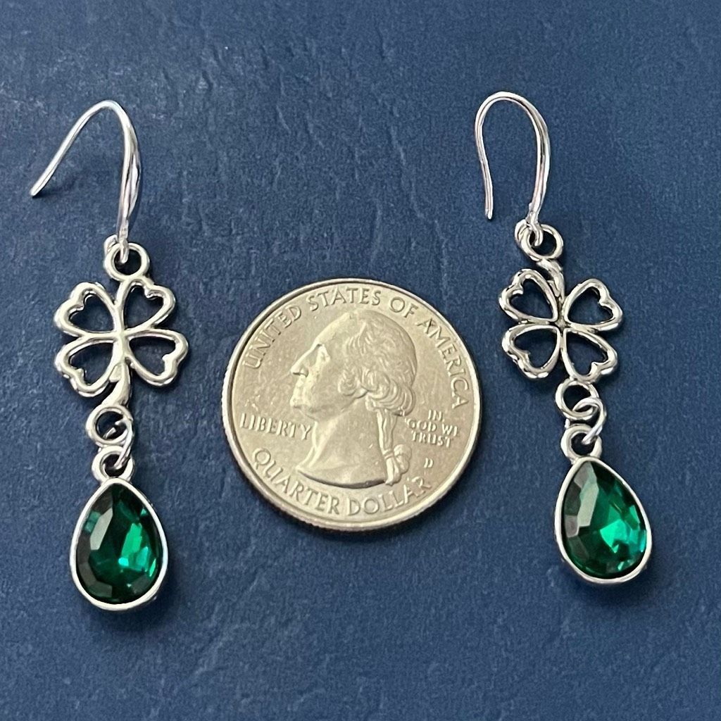 BAQ Emerald Green Crystal & Silver 4-Leaf Dangle Earrings