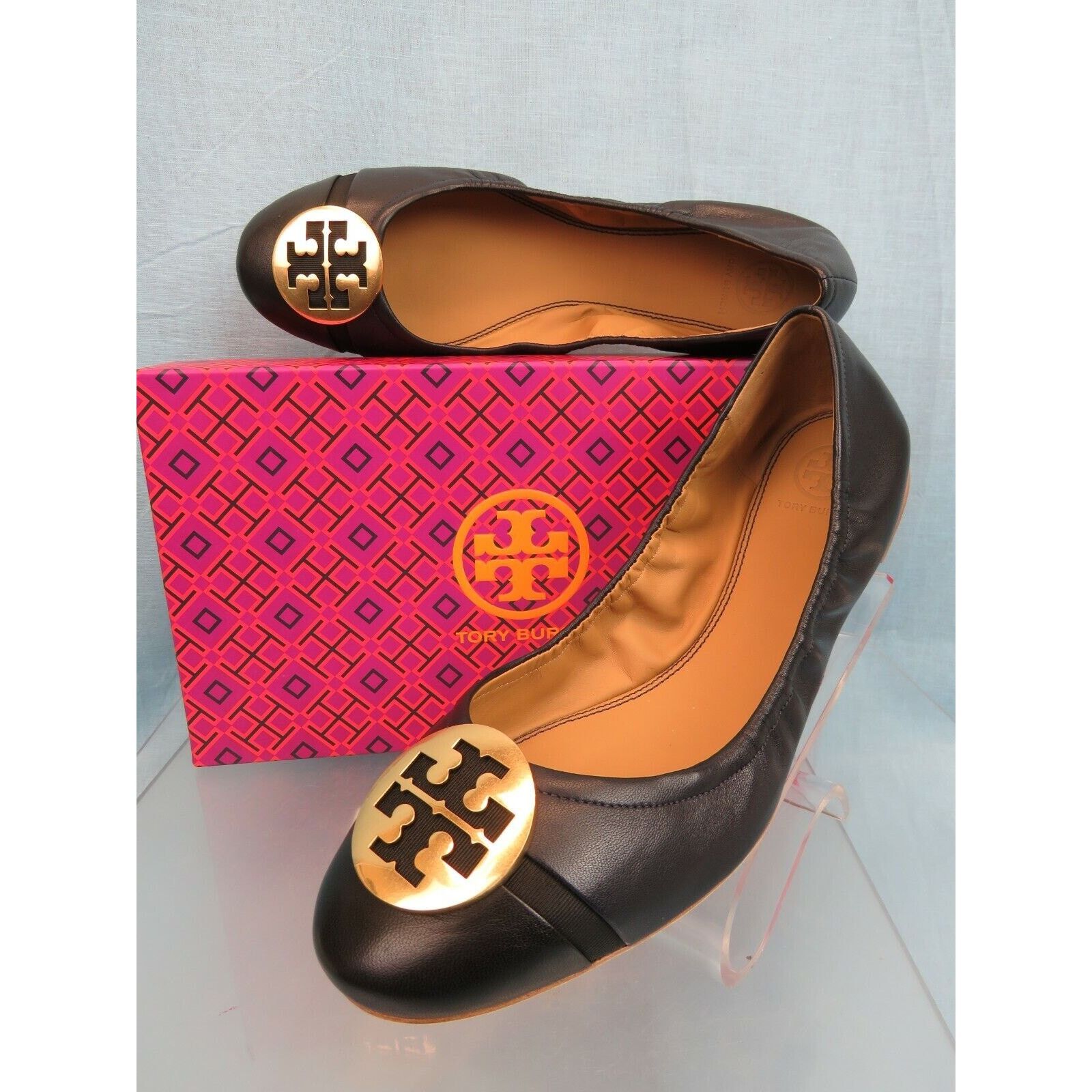 Tory Burch TORY BURCH MINNIE NAVY LEATHER GOLD REVA BLACK TOE FLATS 7.5 Size US 7.5 / IT 37.5 - 1 Thumbnail