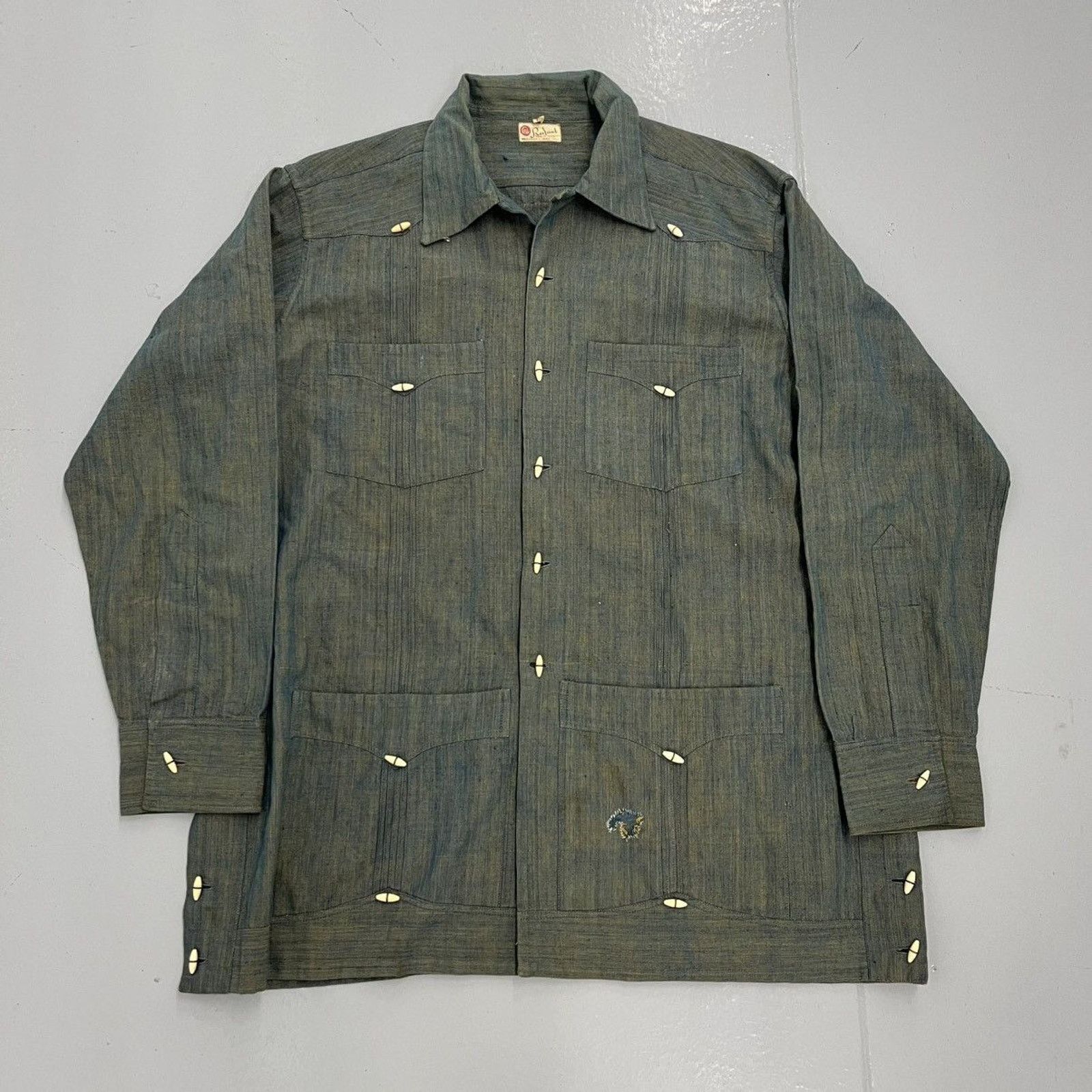 Vintage 60s Rafael Green Guayabera Cuban Loop Collar