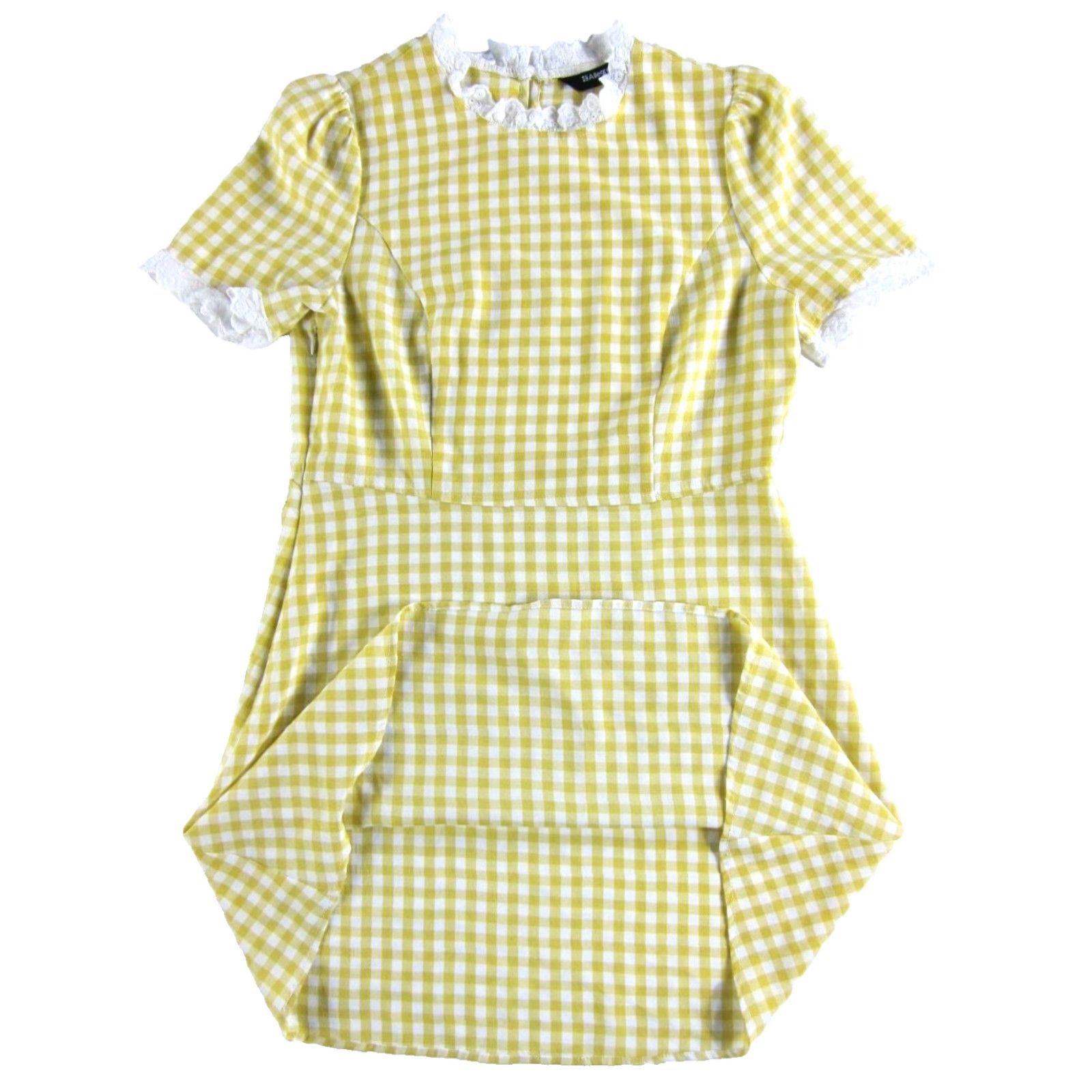 Vintage Allegra K Yellow White Plaid Lace High Neck Short Sleeve Sheath Dress XS Size 26" / US 2 / IT 38 - 5 Thumbnail