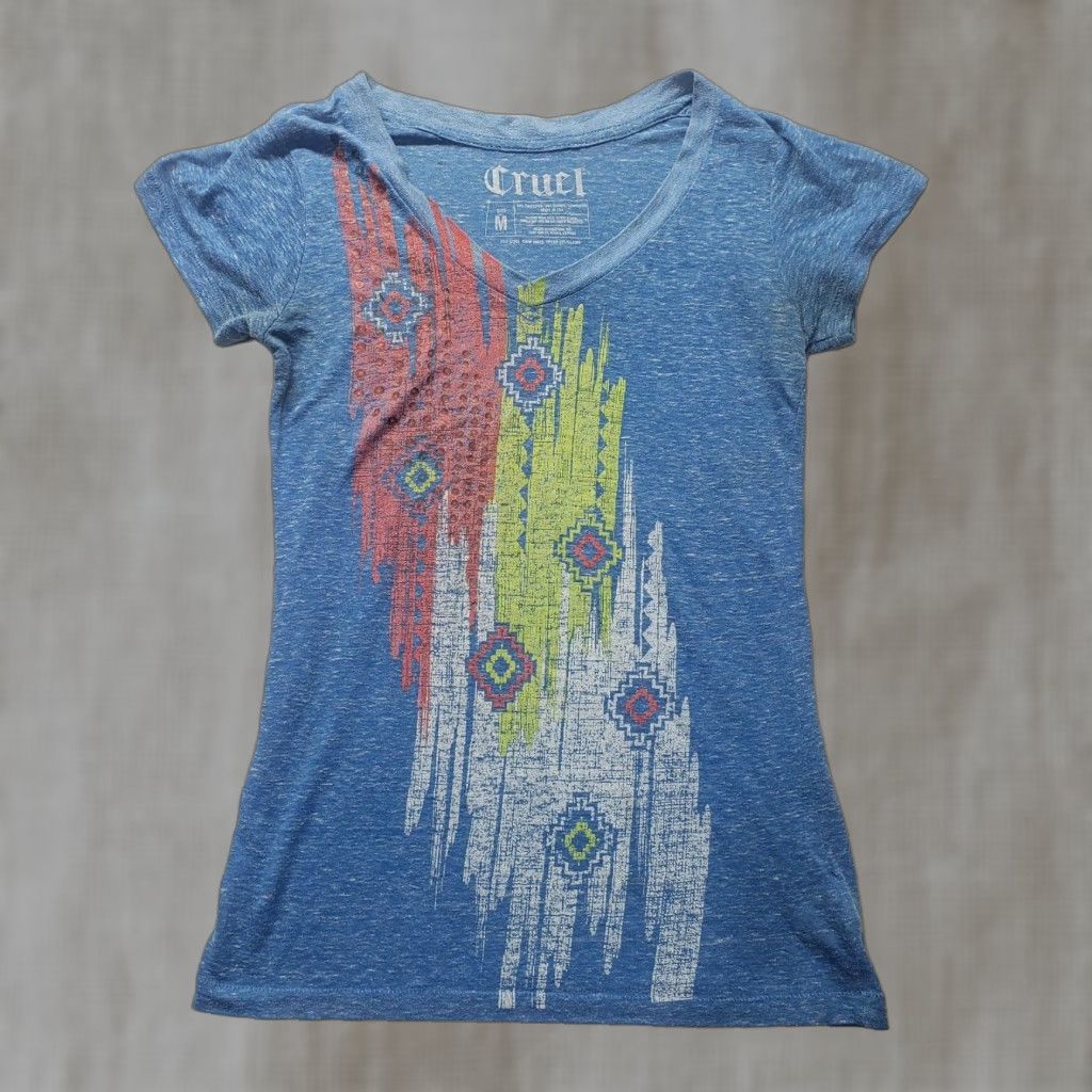 Vintage Cruel Blue Tribal Short Sleeve Tee Shirt Adult Women's M Medium Shirt Womens M Blue Tribal Short Sleeve Tee Size M / US 6-8 / IT 42-44 - 1 Thumbnail