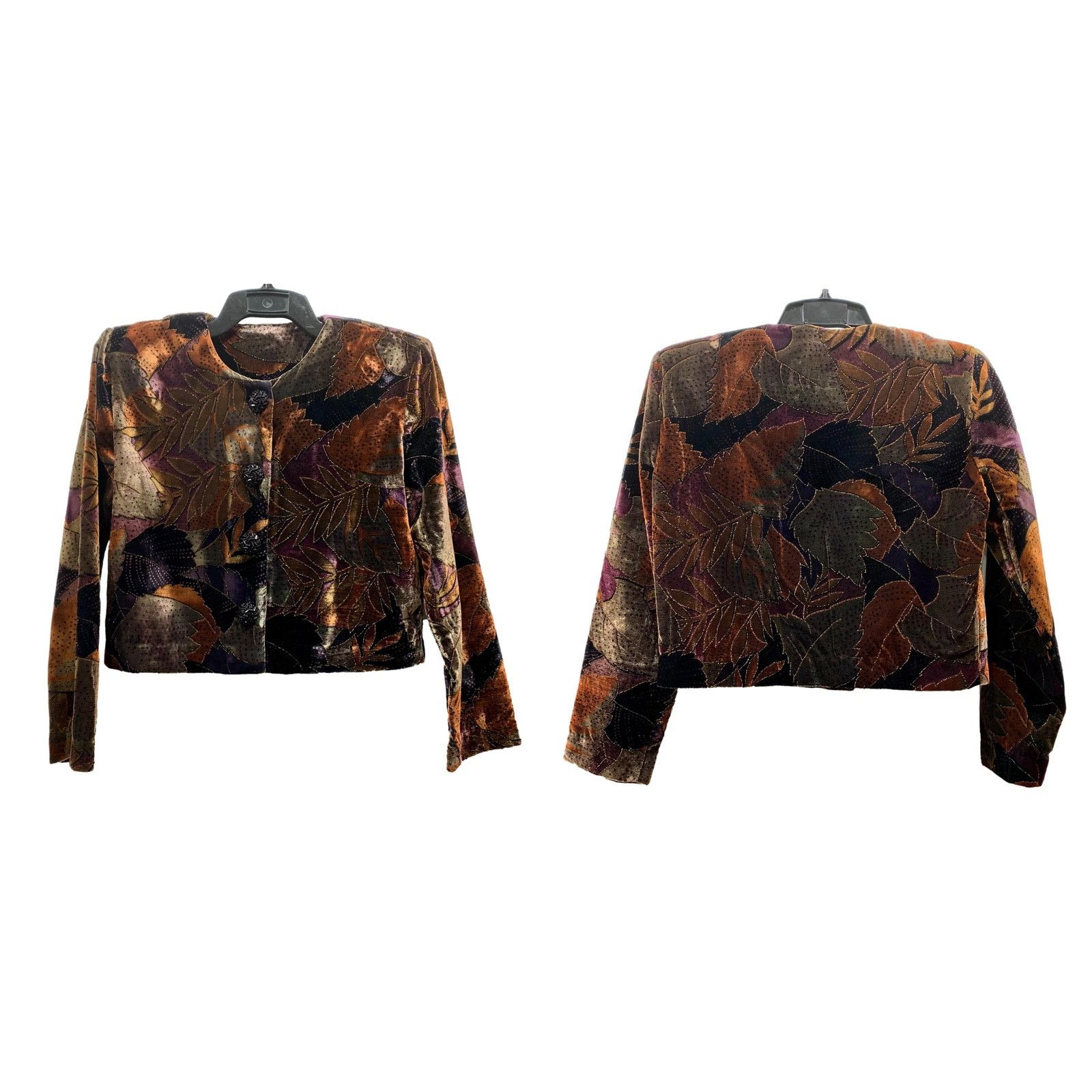 Vintage 80s Cropped Painted Velvet Jacket | Metallic Brown Purple Size S / US 4 / IT 40 - 6 Thumbnail