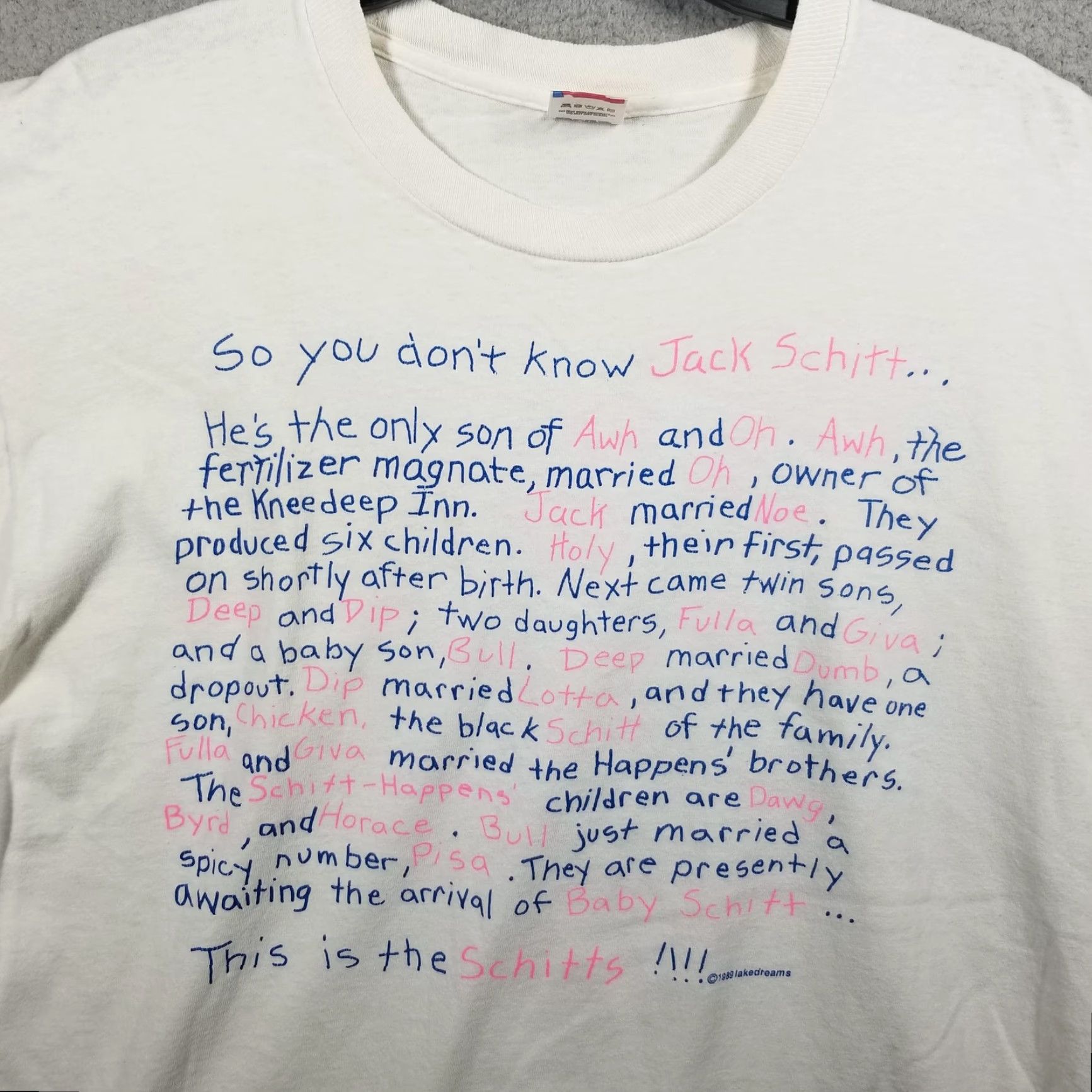 Fruit Of The Loom VINTAGE Jack Schitt Family Tree Shirt Mens XL White Made USA 1989 Graphic 80s Size US XL / EU 56 / 4 - 2 Thumbnail