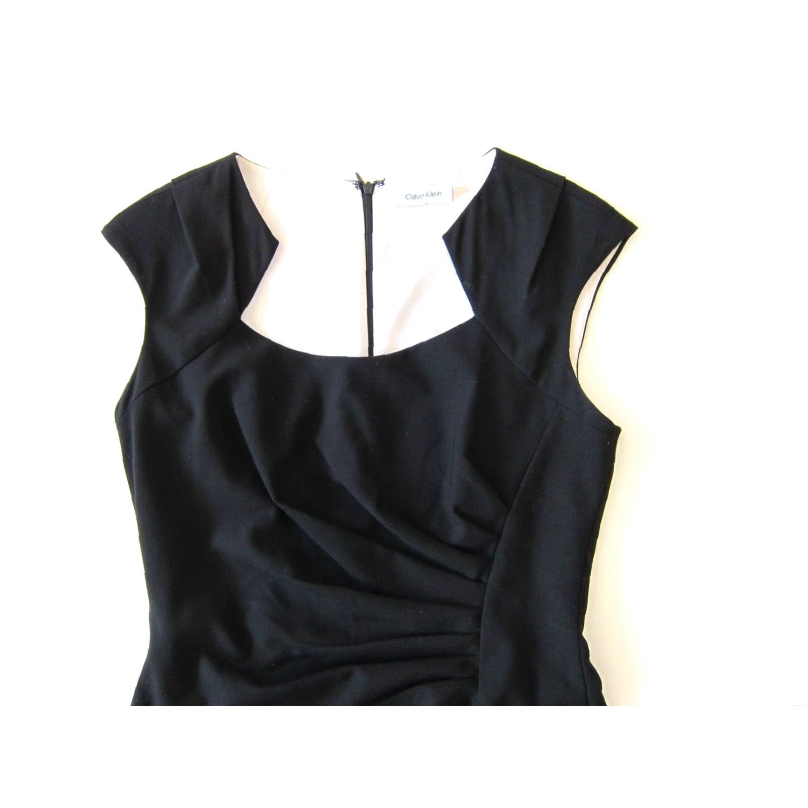 Vintage Calvin Klein Black Dress Cap Sleeve Ruched A-Line Sheath Shirt Dress 6 Women Work Party Formal Casual Knee Length Size M / US 6-8 / IT 42-44 - 3 Thumbnail