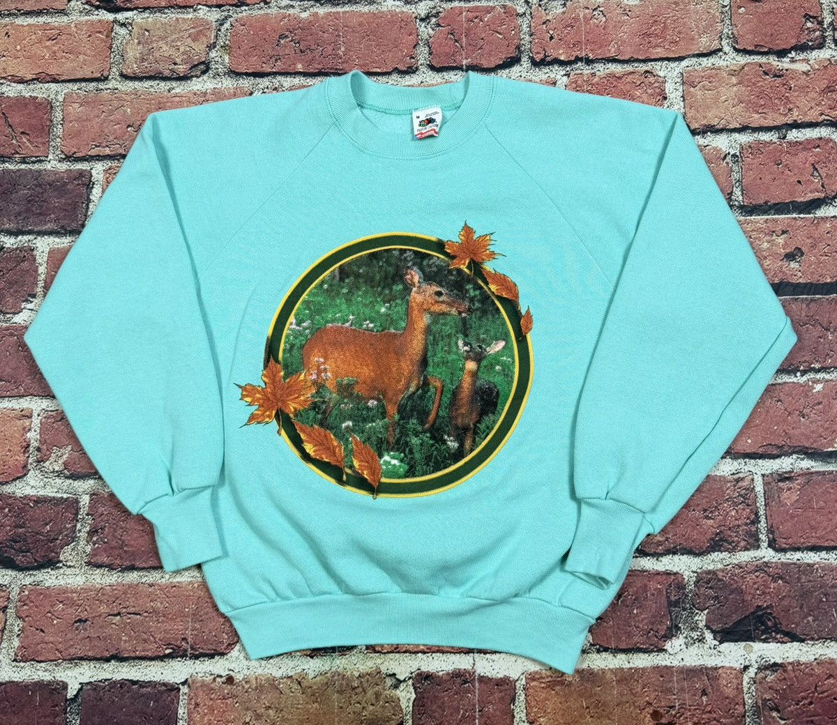 Fruit Of The Loom Vintage Deer Nature Art Sweatshirt Crewneck Teal Blue 90s Size US M / EU 48-50 / 2 - 1 Thumbnail