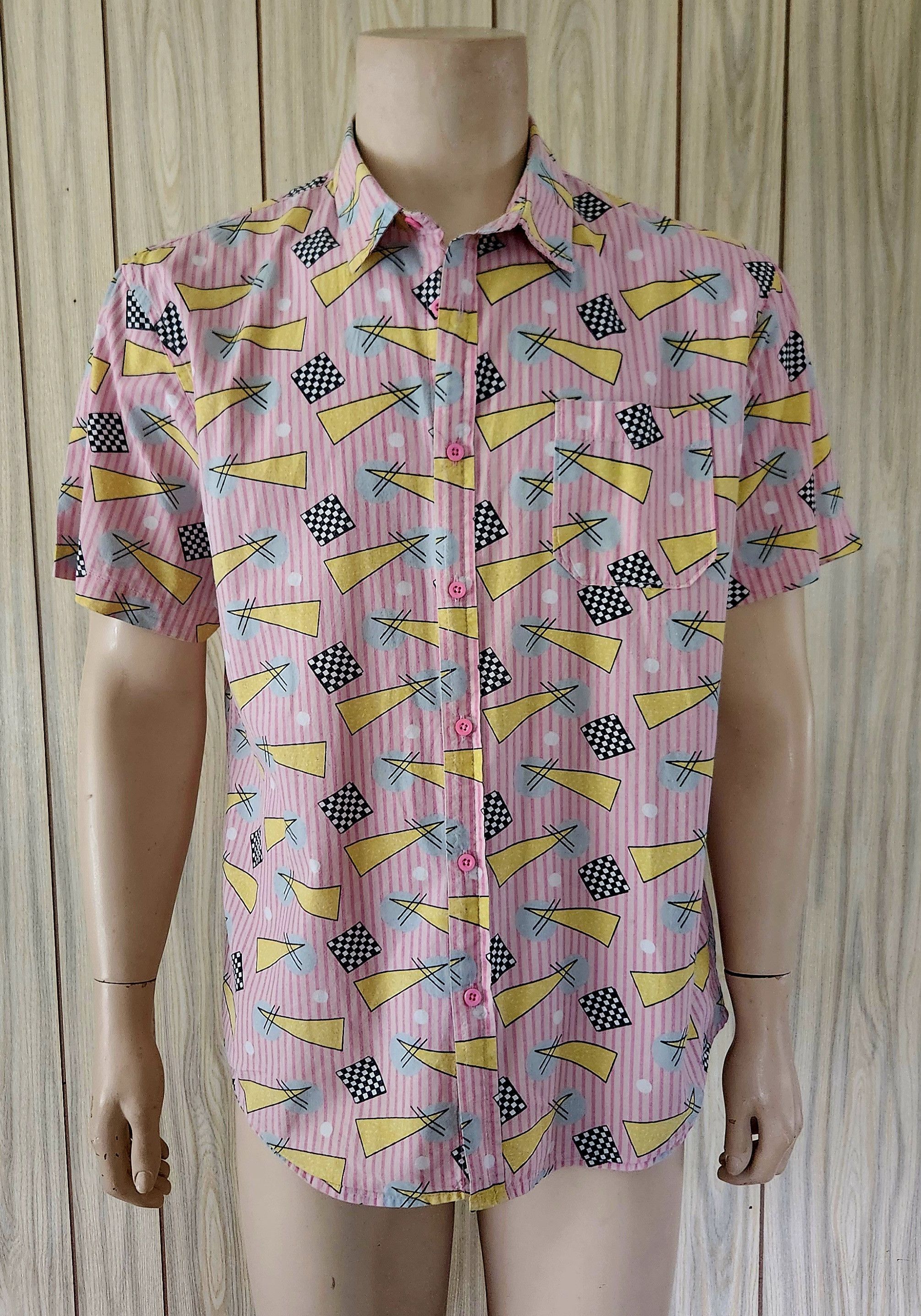 Vintage New Wave shirt L men's pink cotton short sleeve 1980s Size US L / EU 52-54 / 3 - 1 Thumbnail
