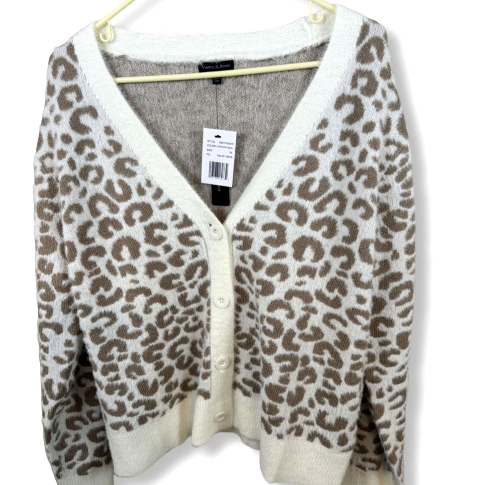 Vintage Violets & Roses Cardigan Sweater Women XL Tan Brown Open Front Knit W 50 Beige Animal Print Long Sleeve Raglan Sleeve V-Neck Fall Winter Size XL / US 12-14 / IT 48-50 - 2 Thumbnail