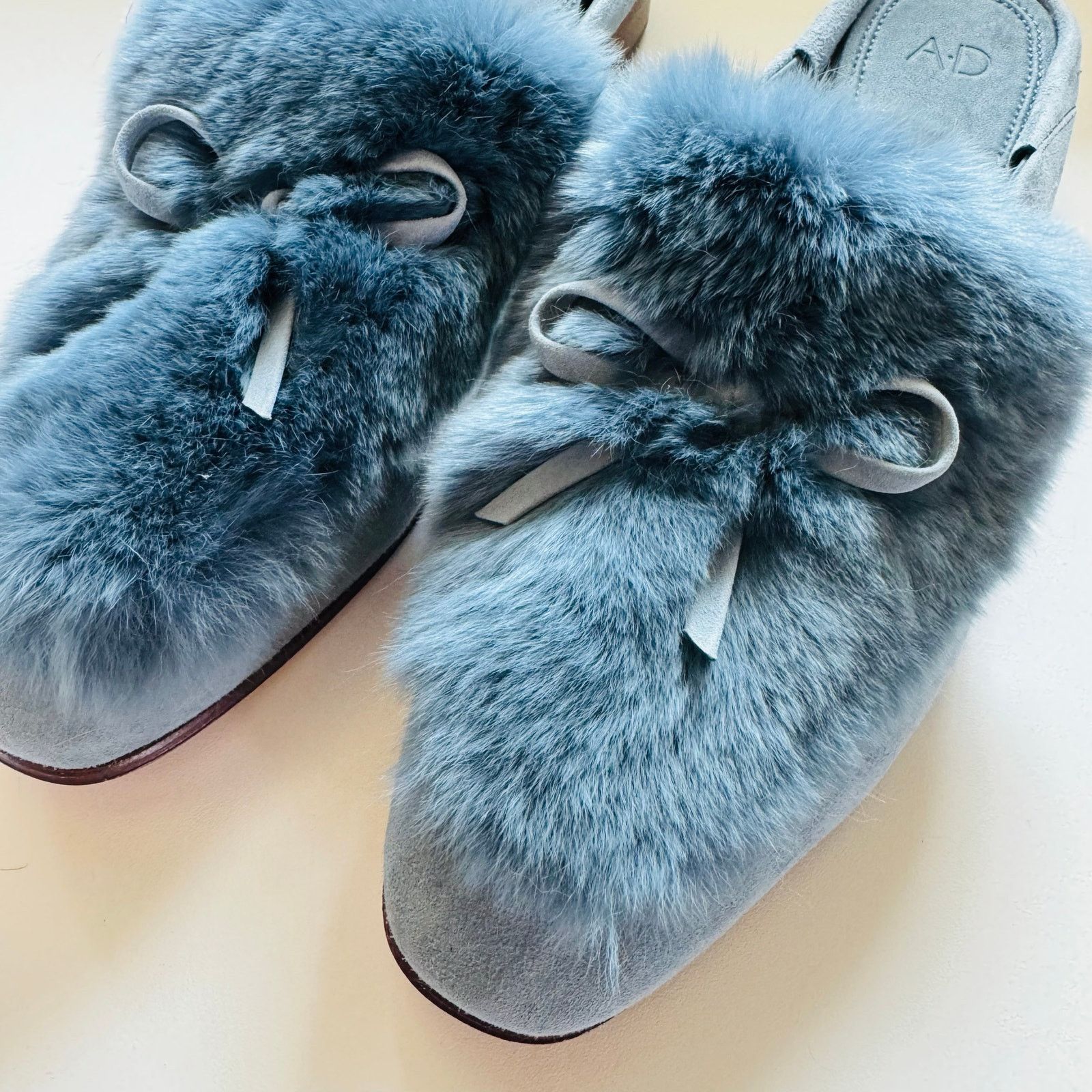 AD Blue Grey Rabbit Fur Flats Toe Bow Slides Mules Shoes 7.5
