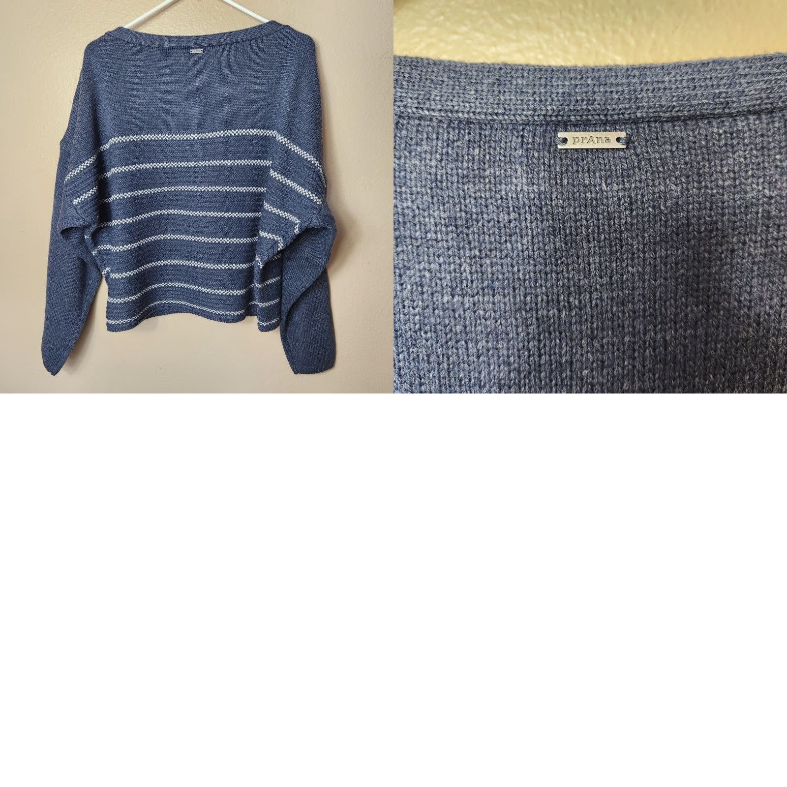 Prana VINTAGE PrAna Phono Wool Blend Sweater Blue w/Cream Birdseye Stripe Button Detail-Size L Size L / US 10 / IT 46 - 8 Thumbnail