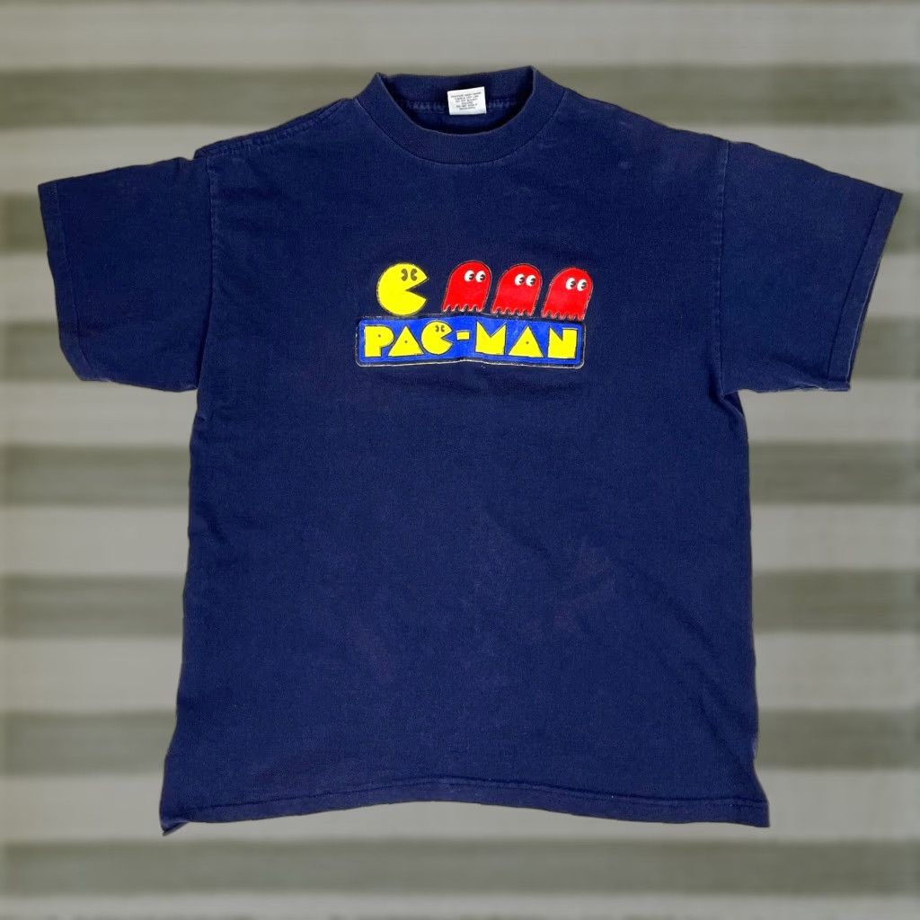 Vintage VINTAGE Men’s Murina Pac-Man T-Shirt Navy Made in USA Sz L 90s Graphic Print Short Sleeve Crew Neck Vintage 90s Videogames Mens Size US L / EU 52-54 / 3 - 1 Thumbnail