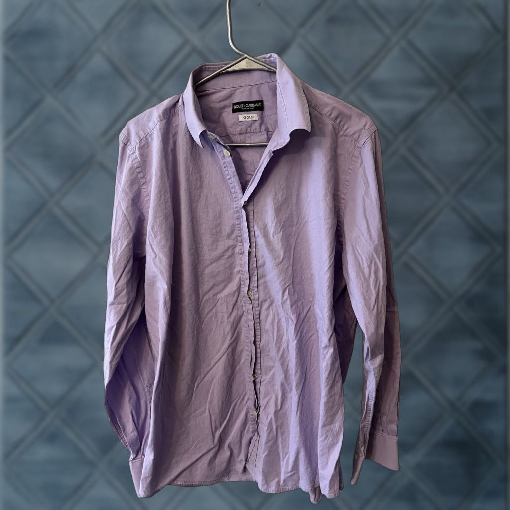 Dolce & Gabbana D&G Dolce&Gabbana Dress Shirt Mens 44/17 Purple Solid 30 in Long Sleeve Button Collar Cotton Logo Showy Colorful 90s Wedding Business Formal Size 46R - 1 Thumbnail