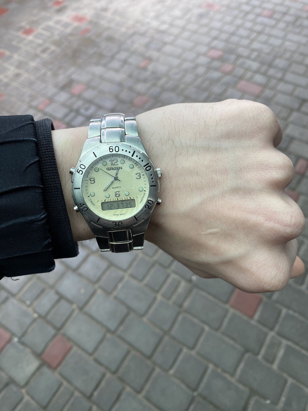 Jewelry x Vintage Gruen Watch Japan - Analog Digital Style in Silver, Men's
