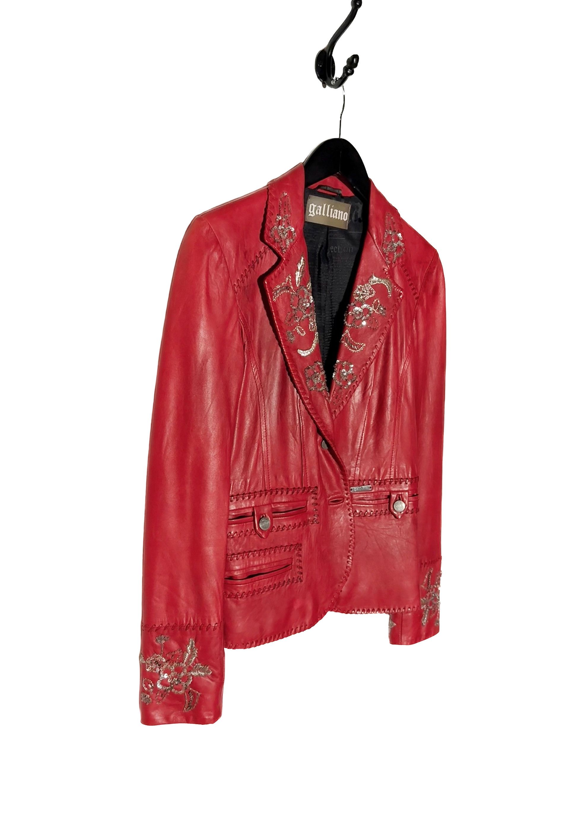 John Galliano Galliano Red Distressed Leather Embellished Blazer Size M / US 6-8 / IT 42-44 - 5 Thumbnail