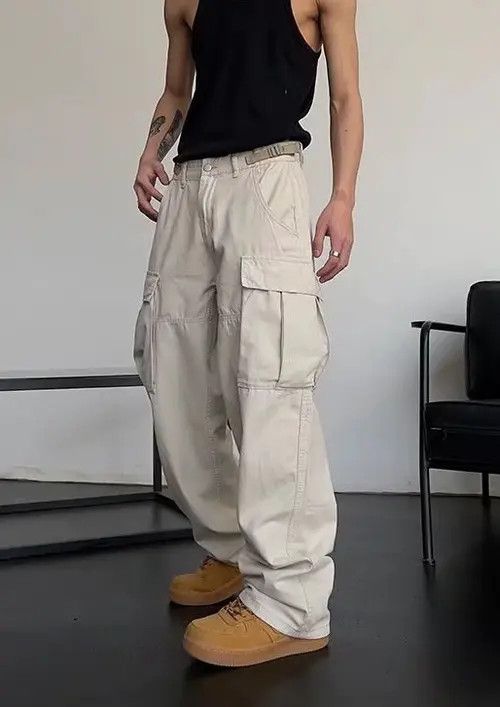 image of Vintage Cargo Pants Cream- Korean Streetwear Style Pants, Men's (Size 31)