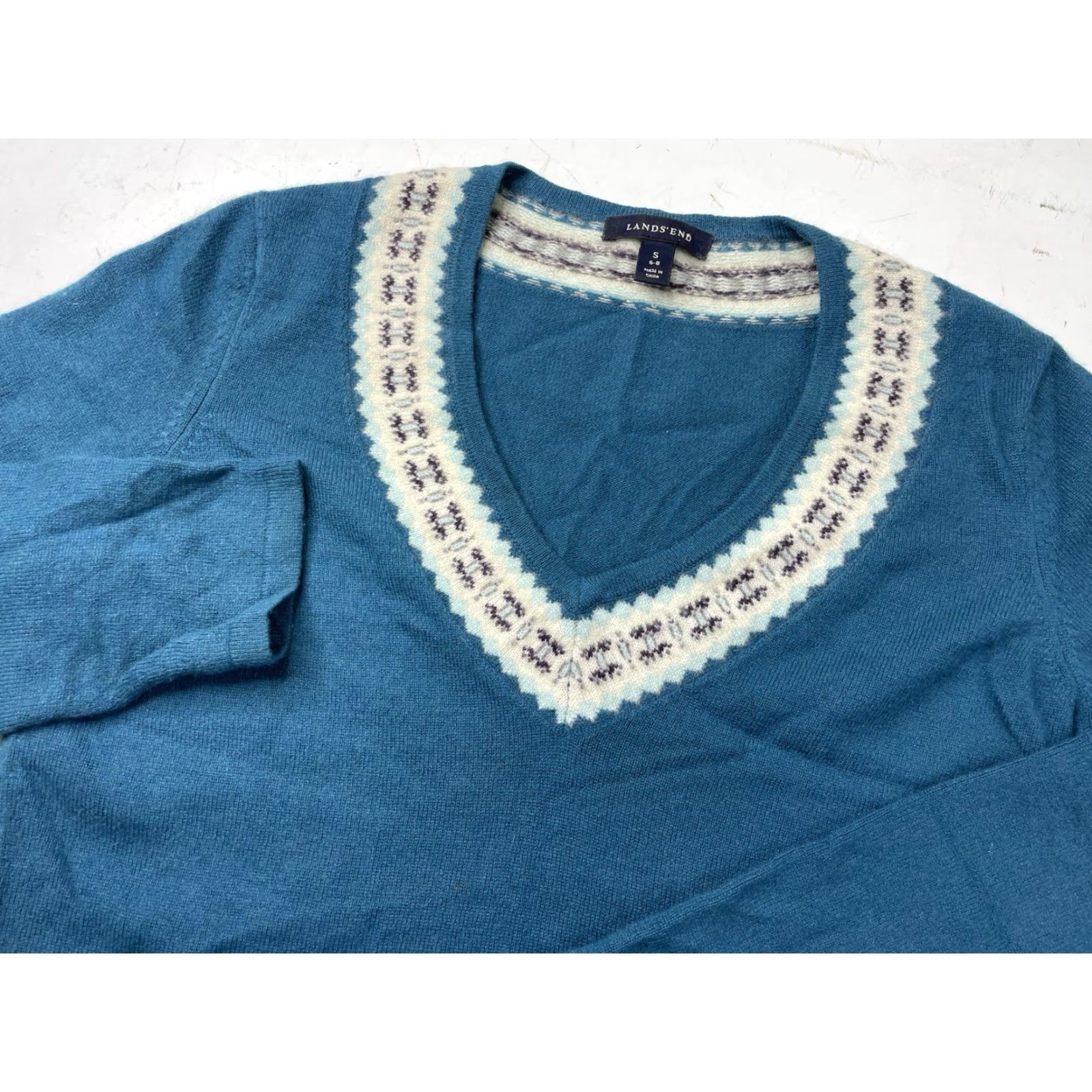 Lands' End Lands' End Sweater 100% Cashmere Fair Isle V-Neck Blue Women's Small Pullover Size S / US 4 / IT 40 - 2 Thumbnail