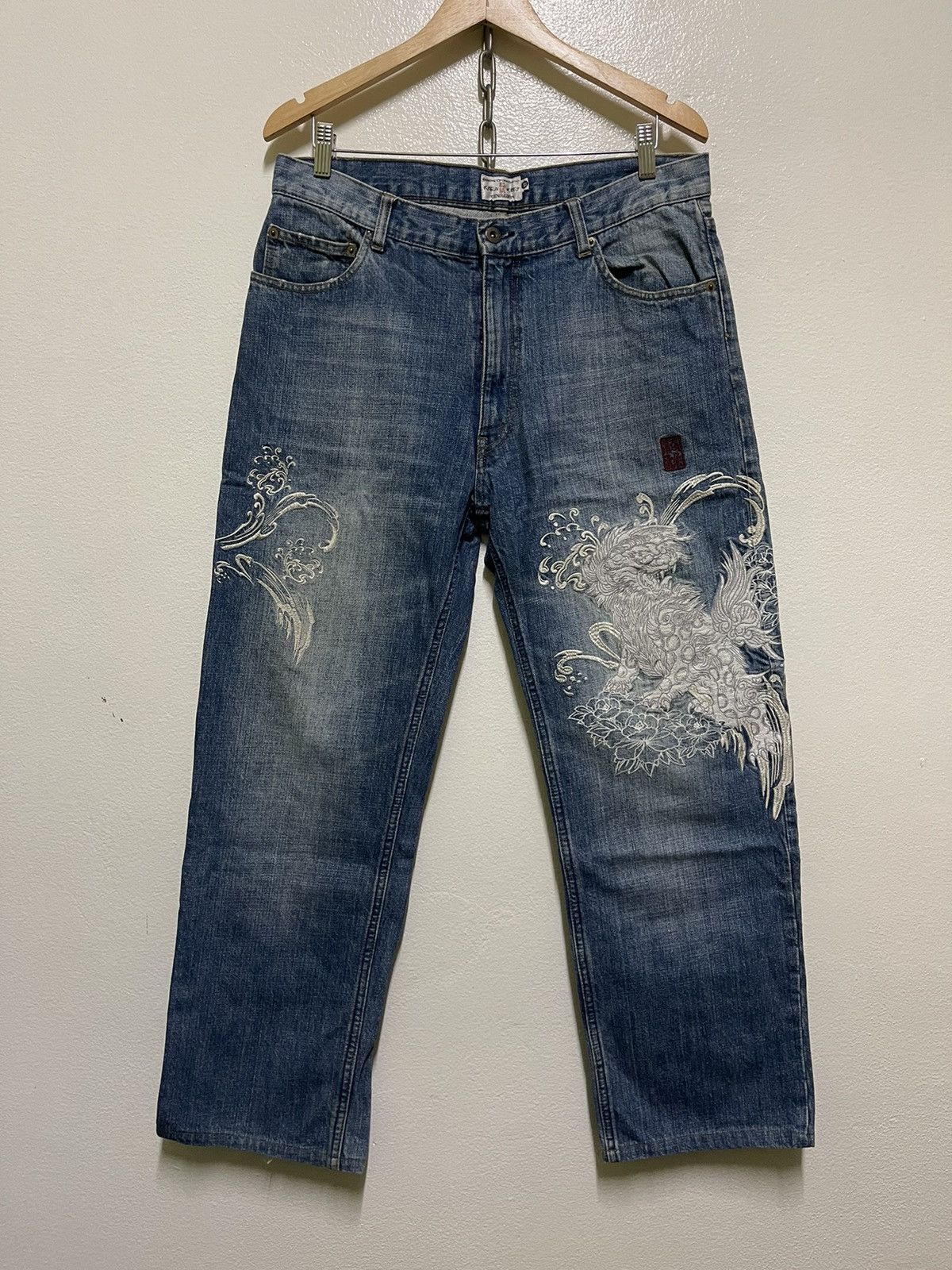 image of Vintage Karakuri Generation Dragon Motive Embroidery in Blue, Men's (Size 34)