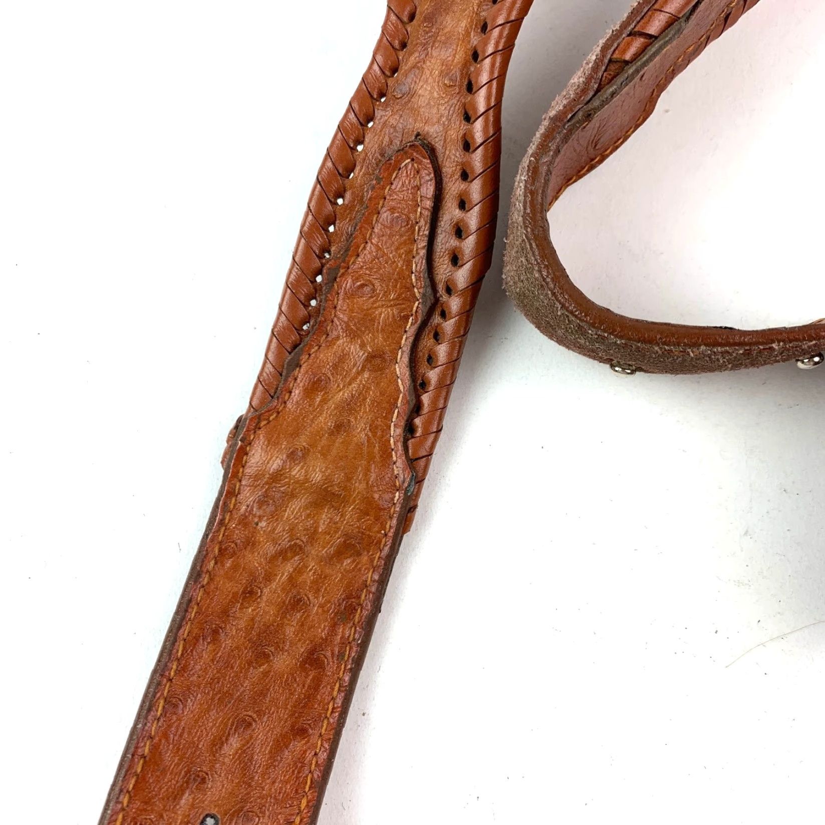 Vintage VINTAGE Western Belt Men's Brown Ostrich Print Concho Braided Edge 39" Brown 1.5" Mens 39" Silver-Tone Metal Concho Accessories Size 38 - 2 Thumbnail