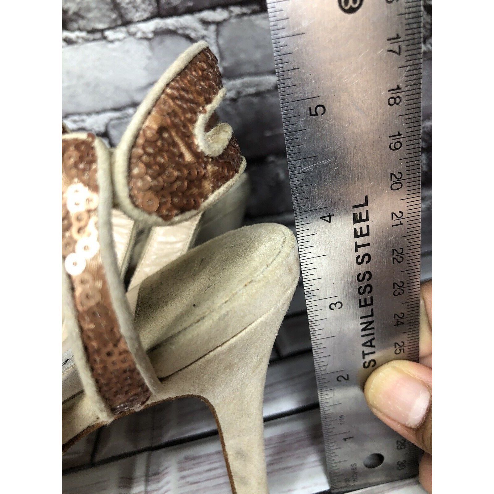 Other La Fenice Venezia Rose Pink Sequin Beige Suede Open Toe Heel Size US 10 / IT 40 - 17 Thumbnail