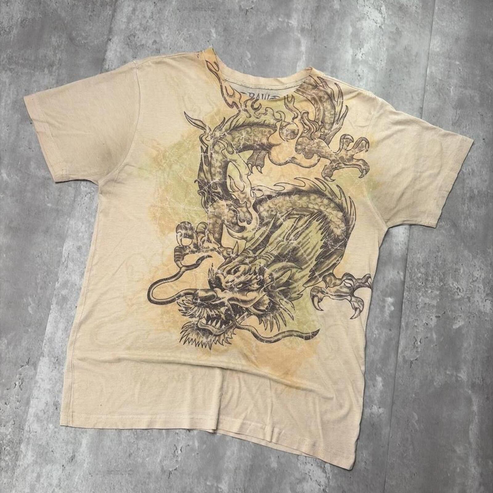 Other Y2K Beige Raw Blue Grunge Dragon Distressed Skater T-Shirt Size US L / EU 52-54 / 3 - 2 Thumbnail