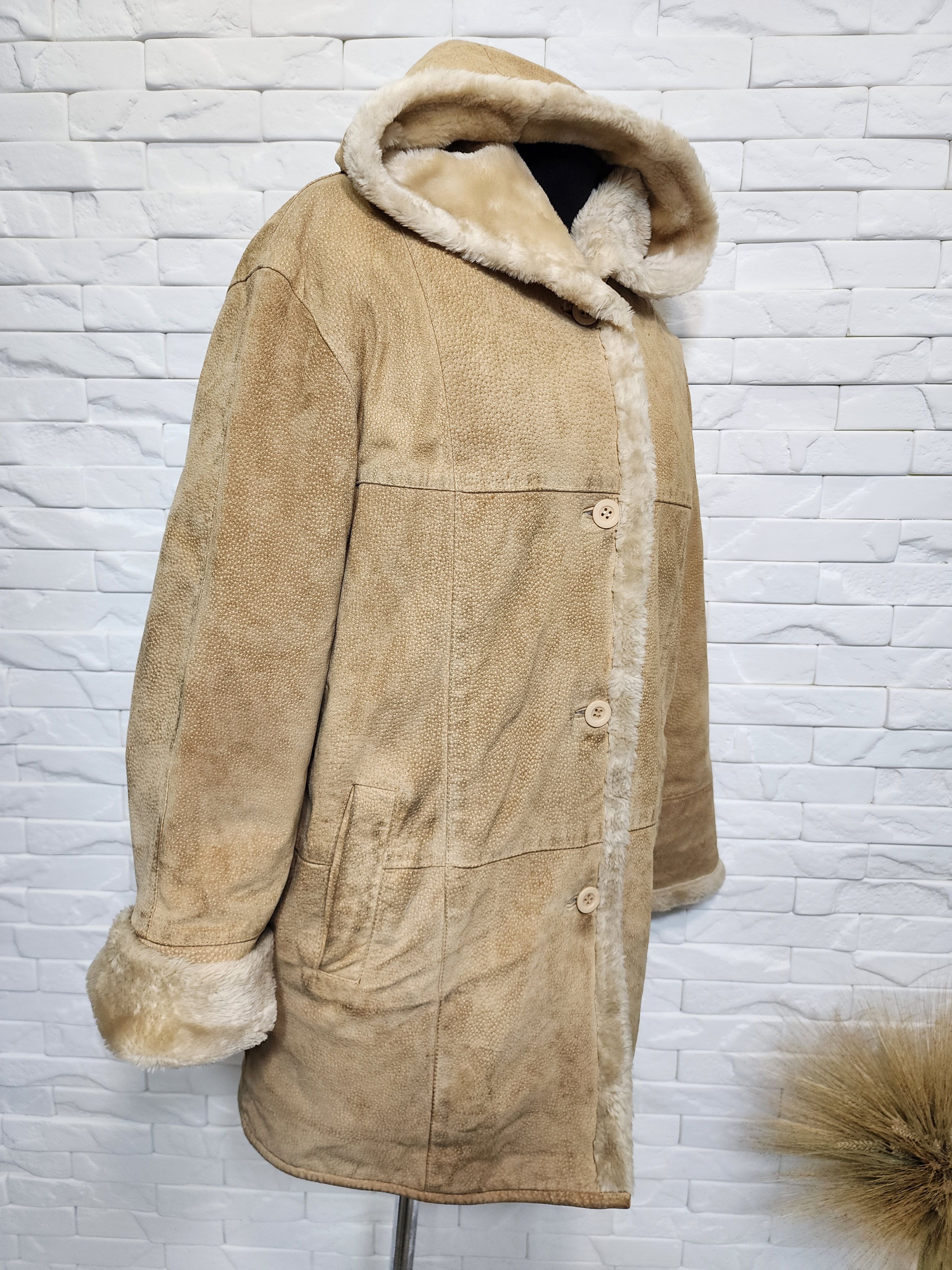 Genuine Leather Brown Women's Fur Jacket: Women's Vintage Button Hooded Coat Size XXL / US 16-18 / IT 52-54 - 2 Thumbnail