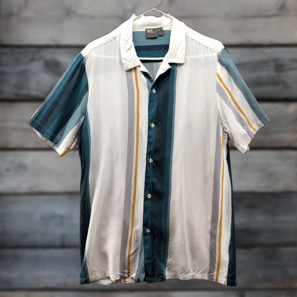 Asos ASOS Relaxed Shirt Mens L Short Sleeve Rayon Resort White Teal Striped Shirt Size US L / EU 52-54 / 3 - 1 Thumbnail