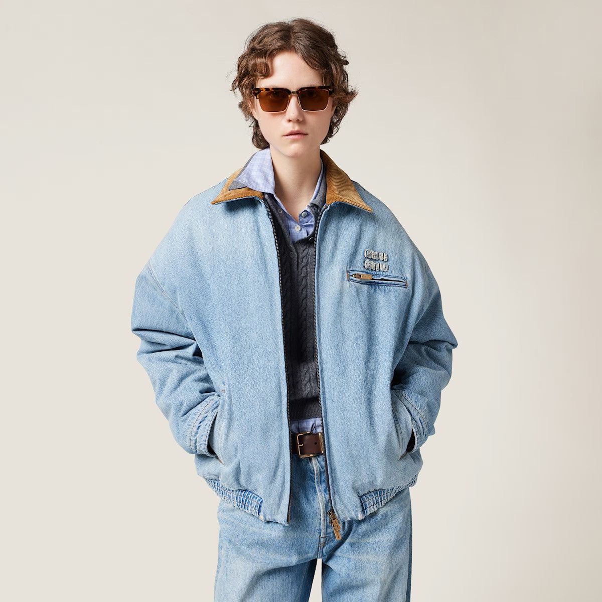 ブルゾン Miu Miu Oversized Padded Bomber Jacket In Corduroy Cord Embroidered Garment-dyed Gabardine Blouson Jacket | Miu Miu