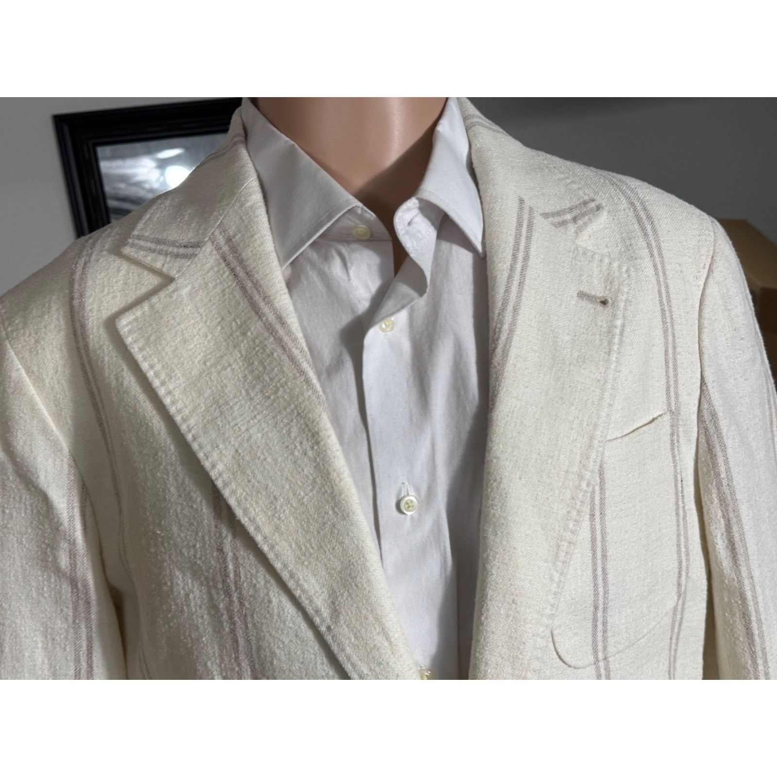 Brunello Cucinelli Brunello Cucinelli Ivory Striped Linen Wool Silk Jacket 40R Size 40R - 6 Thumbnail