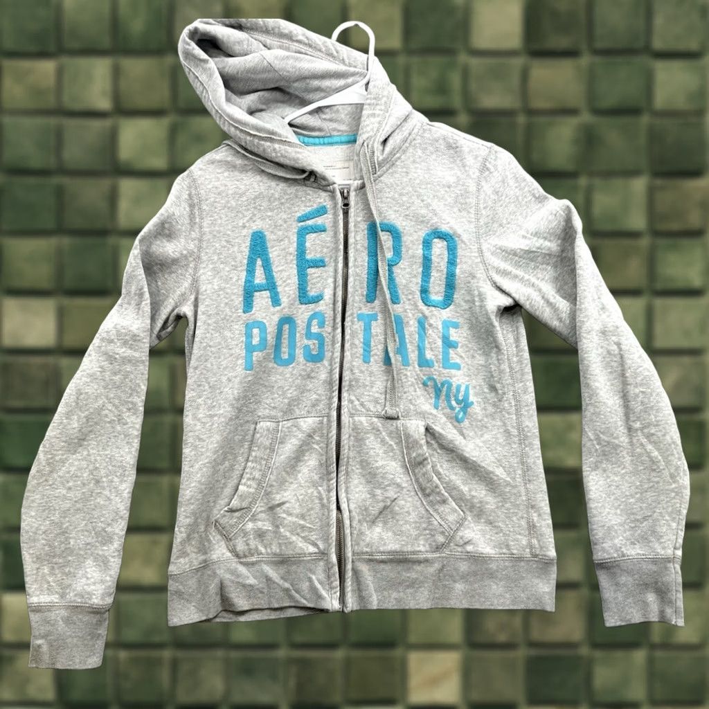 Vintage VINTAGE Aeropostale Zip Up Hoodie Gray Teal Embroidered Stitched On Women's Size L Size L / US 10 / IT 46 - 1 Thumbnail