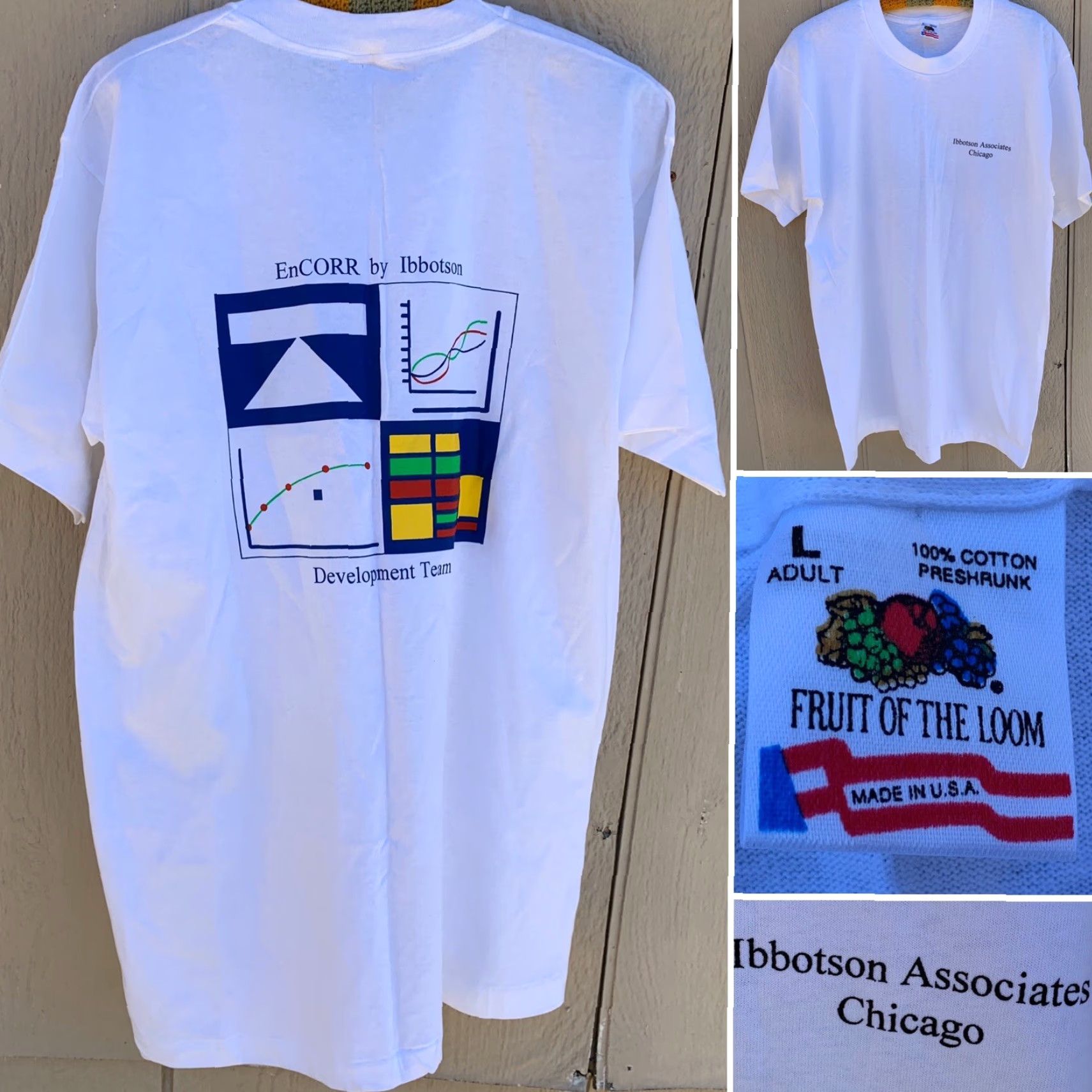 Fruit Of The Loom VINTAGE EnCORR by Ibbotson Development Team T-Shirt Unisex L 1990s White 100% Cotton Short Sleeve Graphic Tee USA Mens/Womens Size US L / EU 52-54 / 3 - 2 Thumbnail