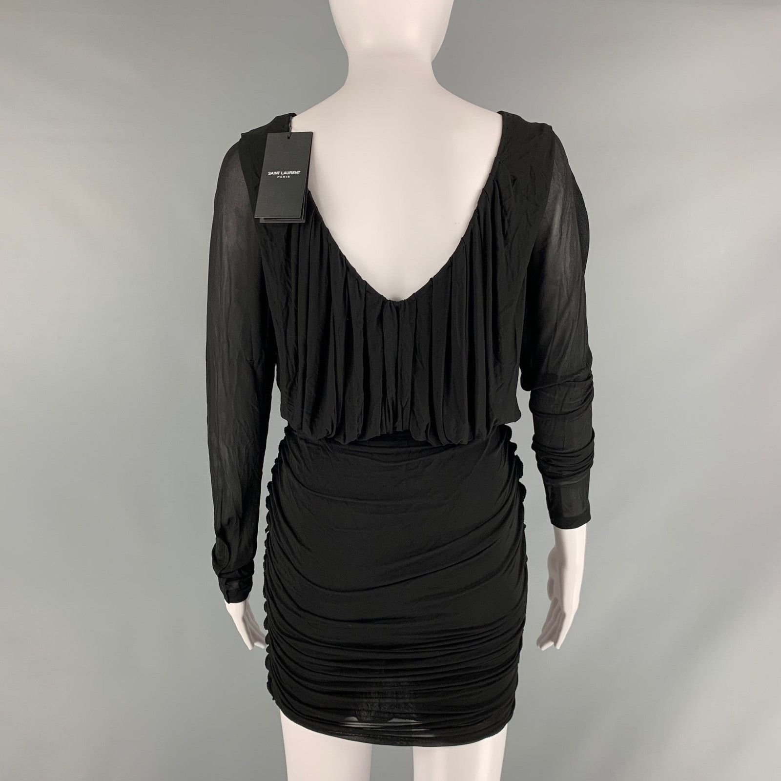 Saint Laurent Paris SAINT LAURENT Black Cupro Ruched Long Sleeve Cocktail Dress Size XS / US 0-2 / IT 36-38 - 4 Thumbnail
