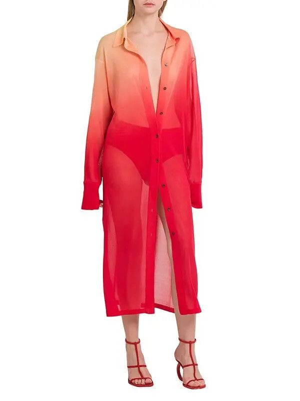 Salvatore Ferragamo o1s1rm0924 Sheer Button Midi Dress in Red/Yellow Size S / US 4 / IT 40 - 7 Thumbnail