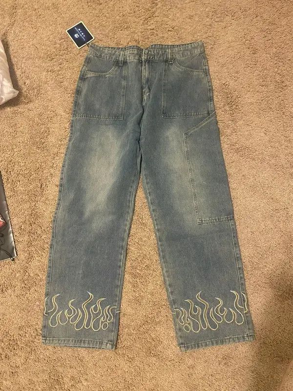 Other Loose Straight Jeans Fire Embroidery Size US 34 / EU 50 - 2 Thumbnail