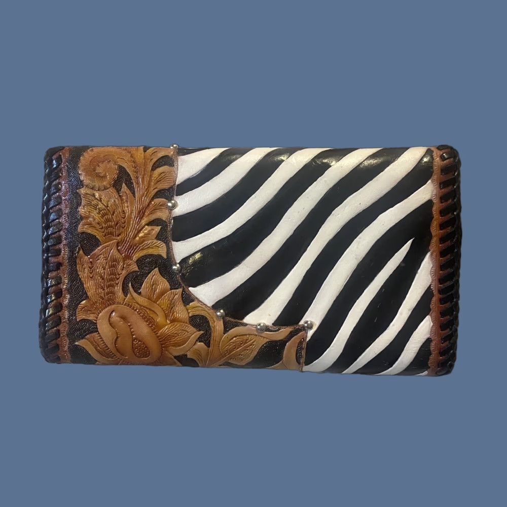 Vintage Hand Tooled Leather Women’s Wallet Organizer Zebra Floral Pattern Studs 8” X 4” Size ONE SIZE - 1 Thumbnail