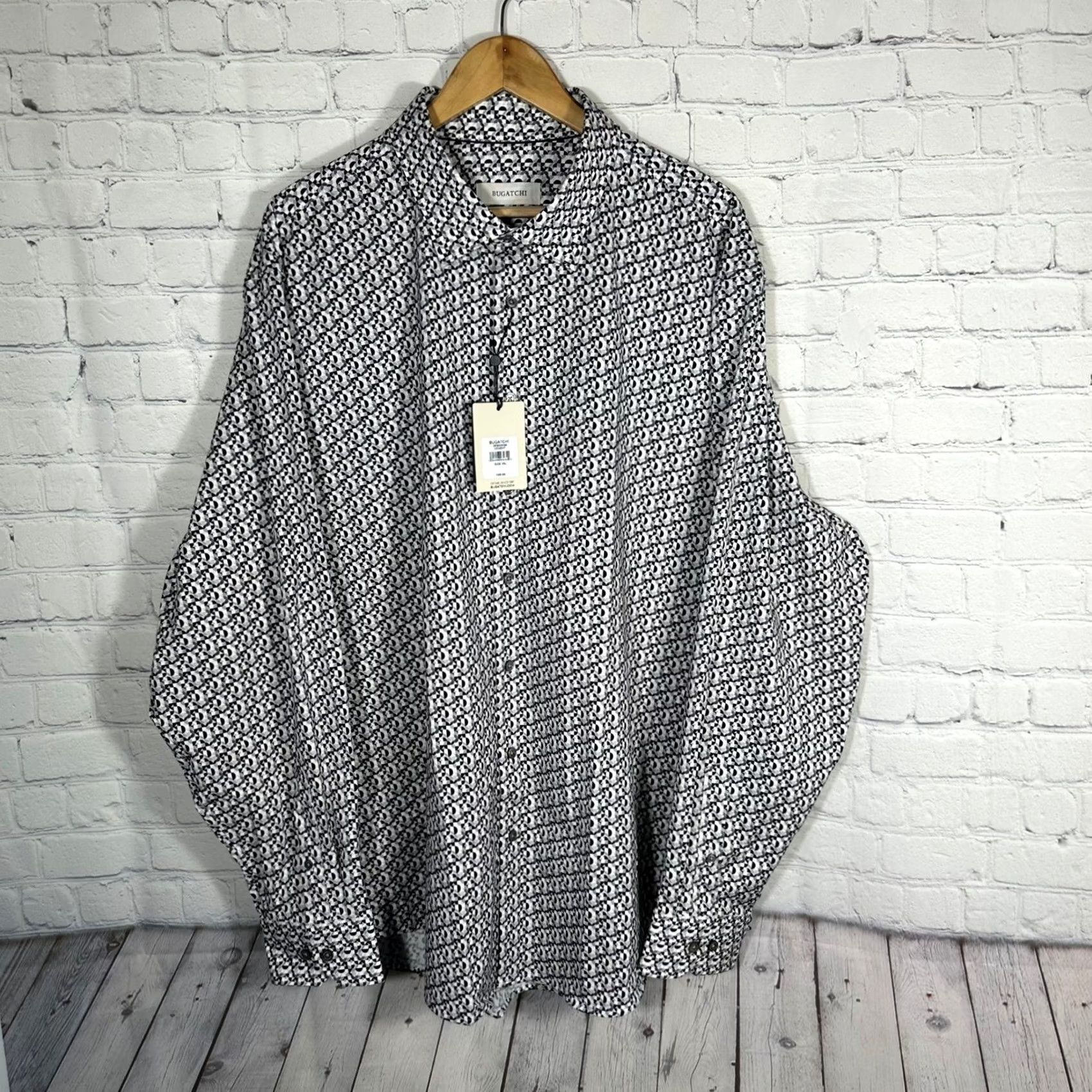 BUGATCHI BUGATCHI OoohCotton Tech Shirt Geometric Print Mens 3XL Cement Big & Tall Button-Up Collared Short Sleeve? Size US XXL / EU 58 / 5 - 2 Thumbnail