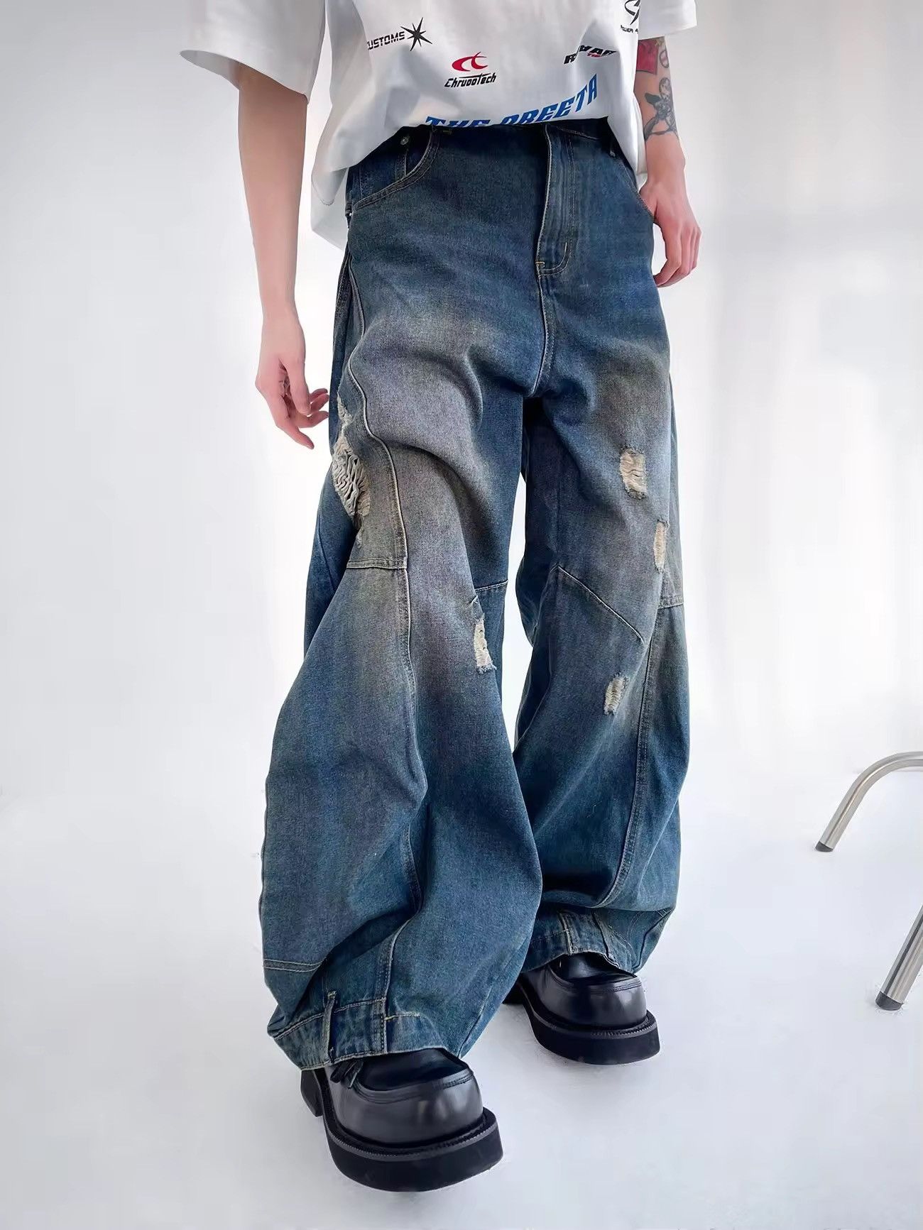 Designer × Vintage Streetwear Ripped Distressed Hip Hop Wide Leg Jeans Pants Size US 29 - 1 Thumbnail