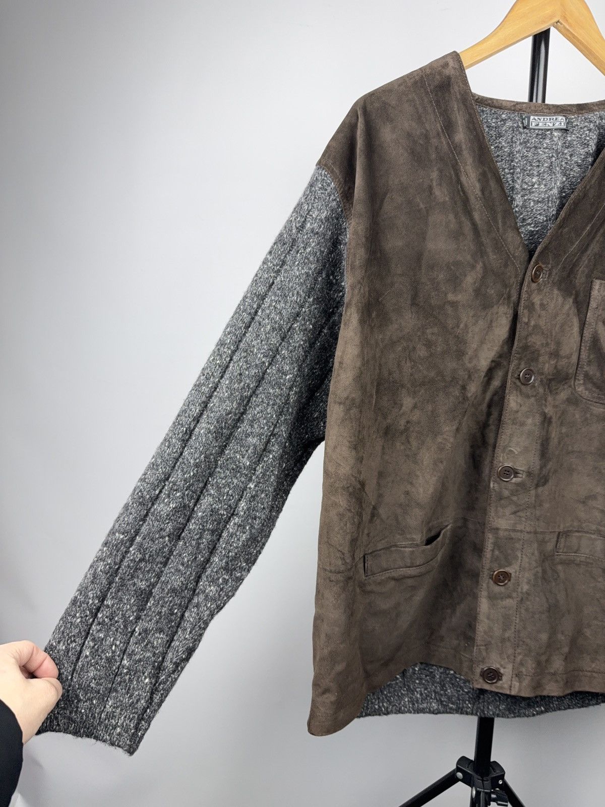Japanese Brand Luxury 00s Andrea Fenzi Wool Suede Panel Cardigan Italy Size US XL / EU 56 / 4 - 4 Thumbnail