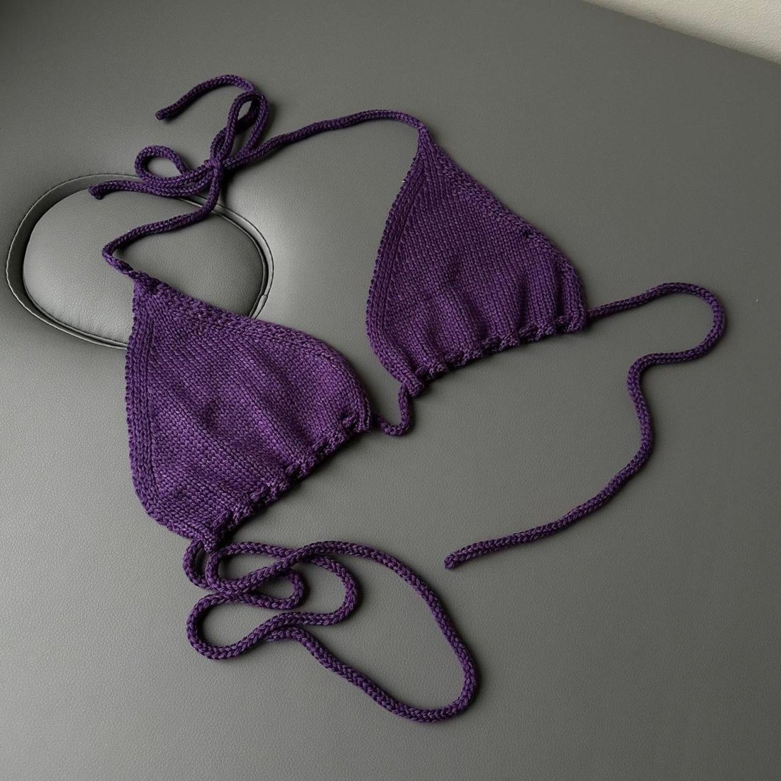 Vintage J Lux Label Purple Knit Crochet Bikini Bra Top Size L / US 10 / IT 46 - 1 Thumbnail