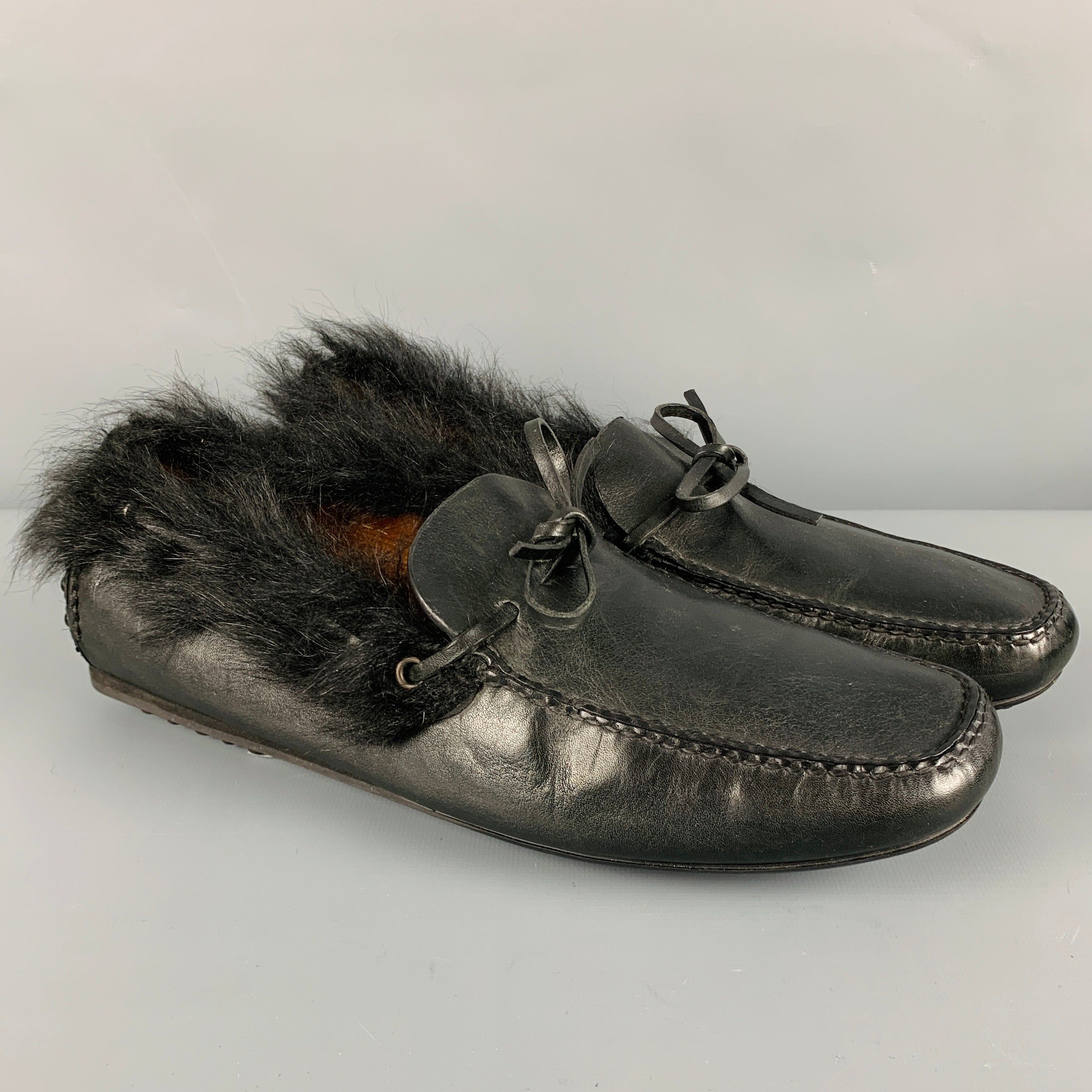 image of Car Shoe Black Leather Fur Trim Drivers Loafers, Men's (Size 8)