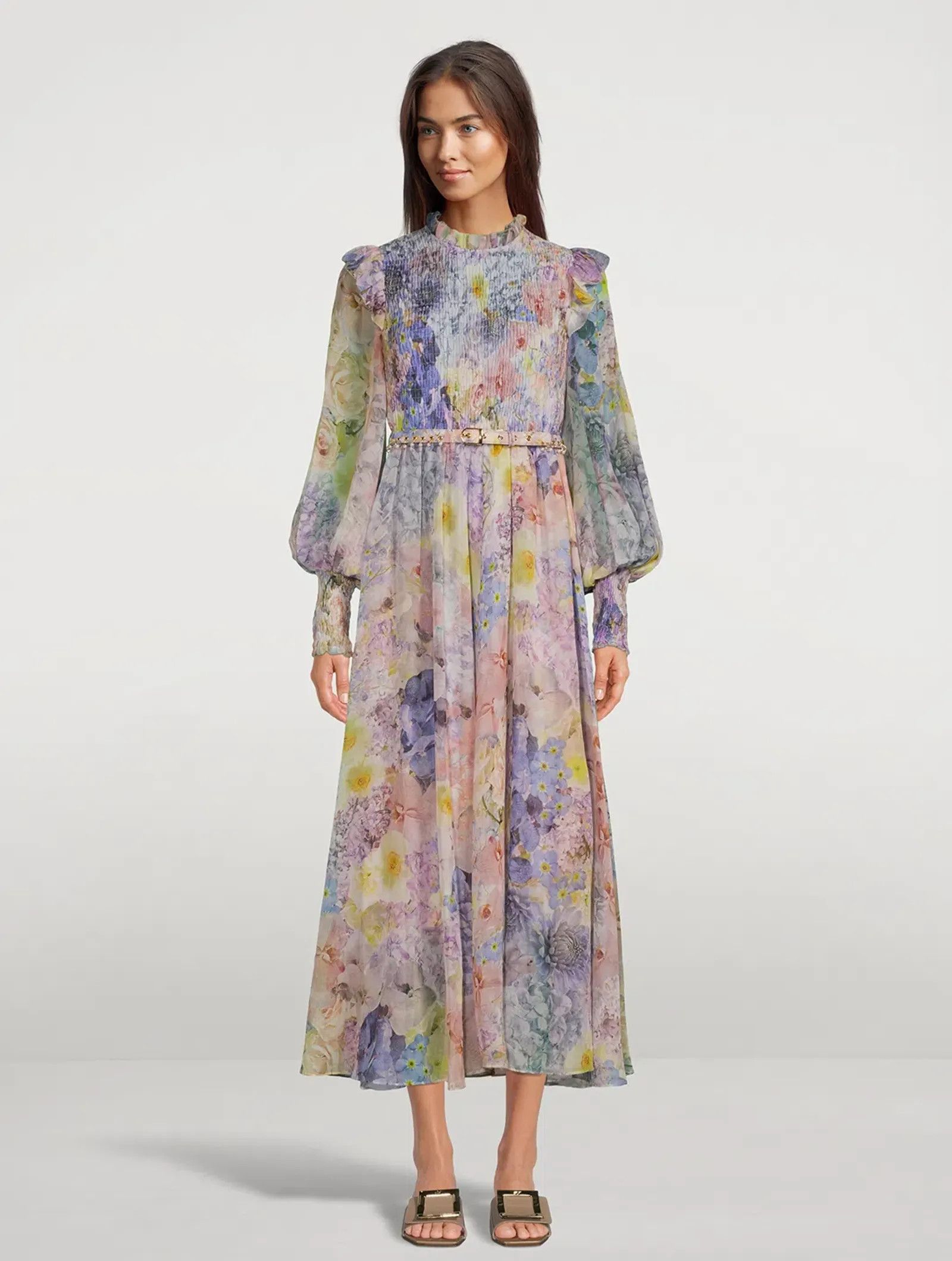 Zimmermann Rhythmic Shirred Midi Dress Citris Garden Dress