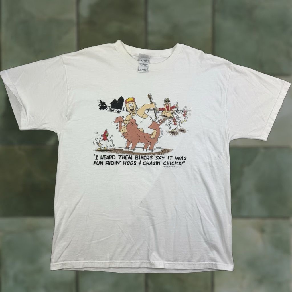 Fruit Of The Loom VINTAGE Funny Redneck T Shirt Adult XL Riding Hogs Chasing Chicks Bikers Humor Shirt Mens XL White Graphic Print Size US XL / EU 56 / 4 - 1 Thumbnail
