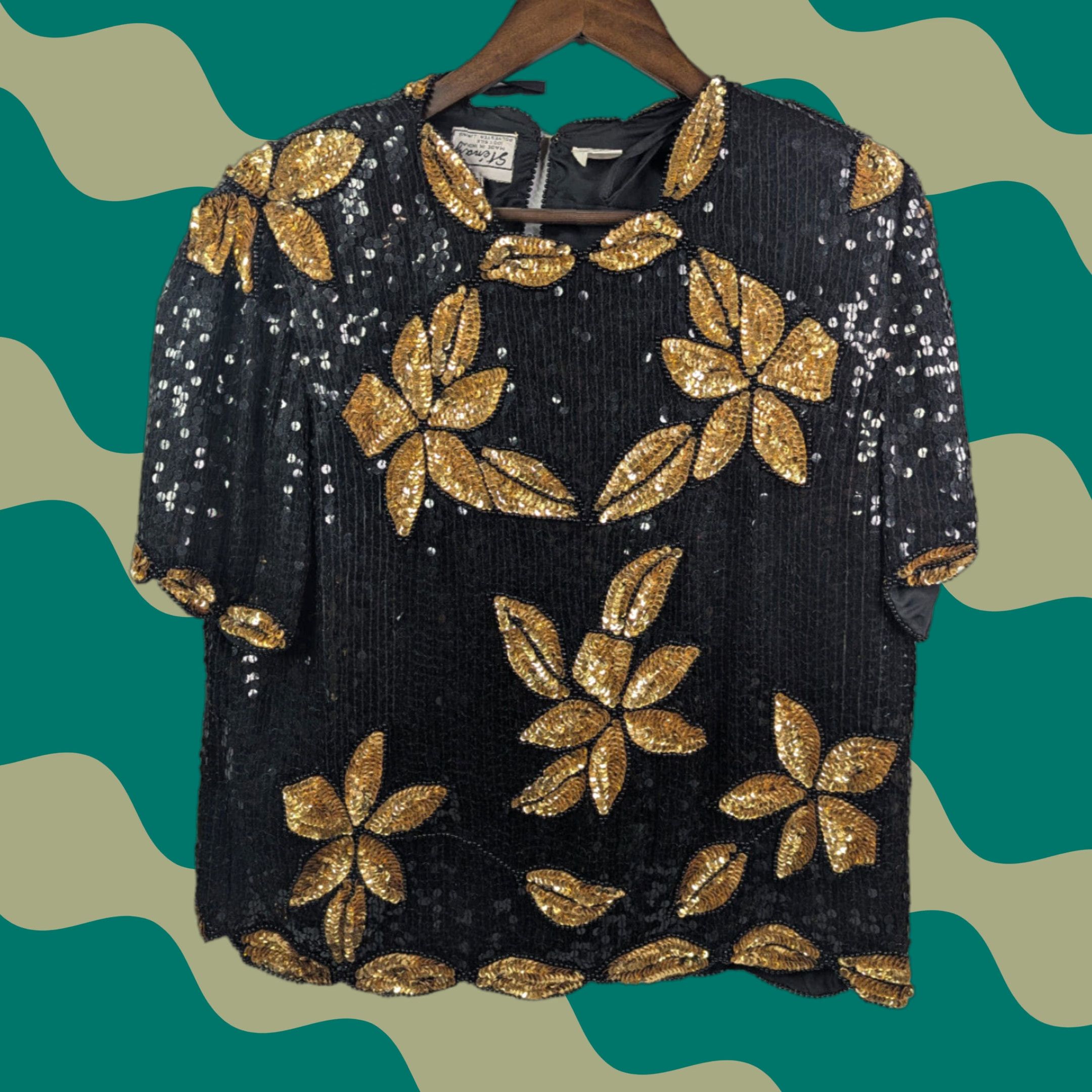 Vintage VINTAGE Stenay Blouse Silk Gold Floral Beaded Sequined Short Sleeve Pullover Women Small Glam Size S / US 4 / IT 40 - 1 Thumbnail