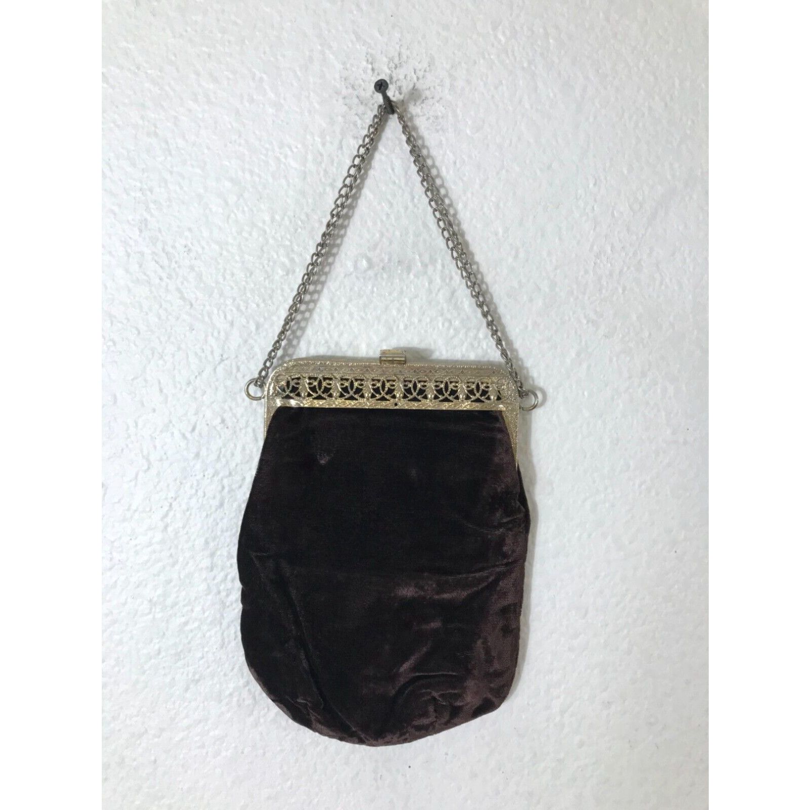 image of Antique Art Deco Black Velvet Swag Purse With Silver Plated Frame Brown in White, Men's