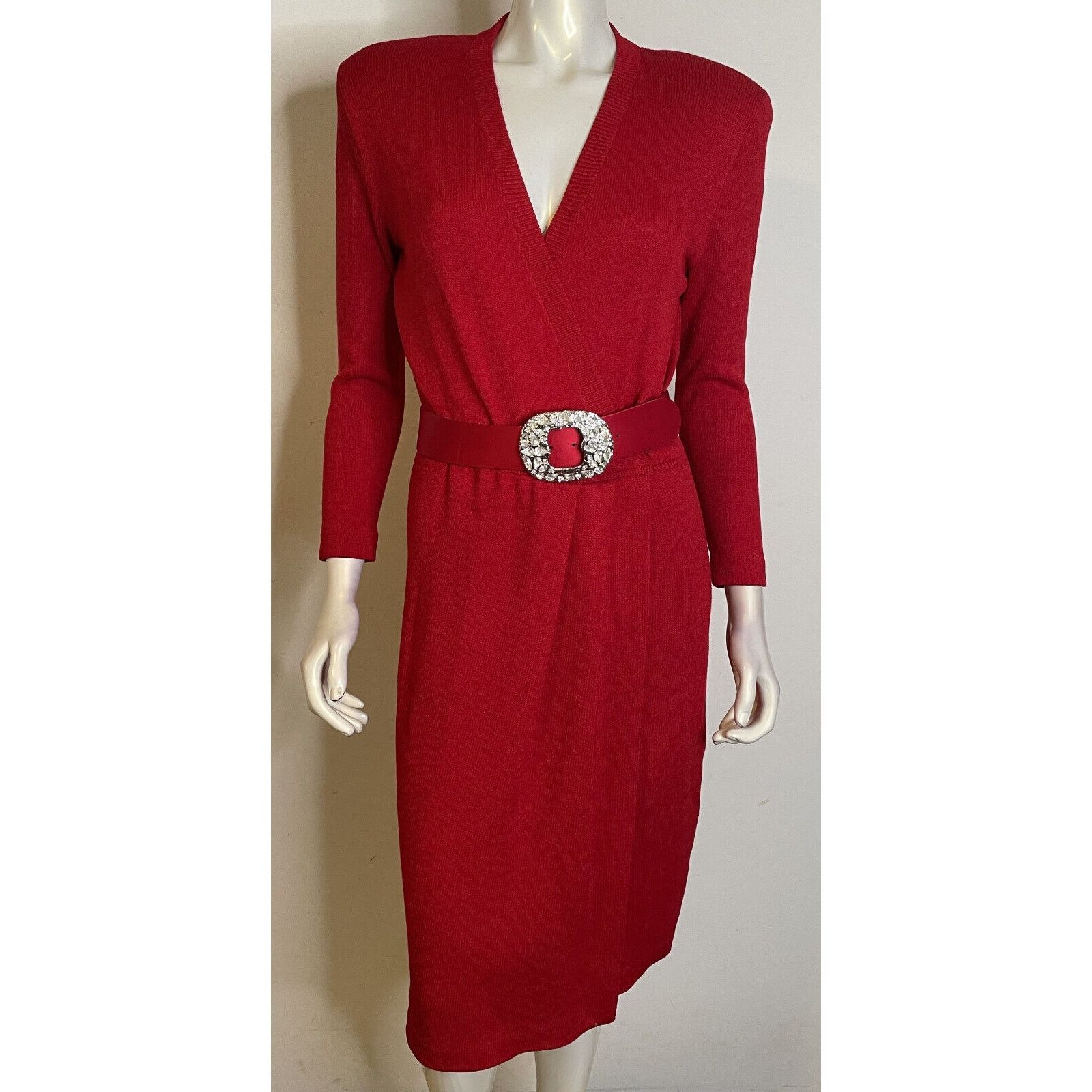 St. John VTG St John Bright Red Wrap V Neck Dress 4 Rhinestone Belt Size S / US 4 / IT 40 - 1 Thumbnail