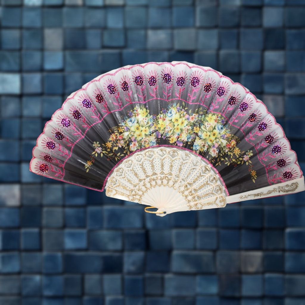Vintage Vintage Small Hand Fan with Flowers and Sequin Details, 16-Inch Width, Novelty Accessory Size ONE SIZE - 1 Thumbnail