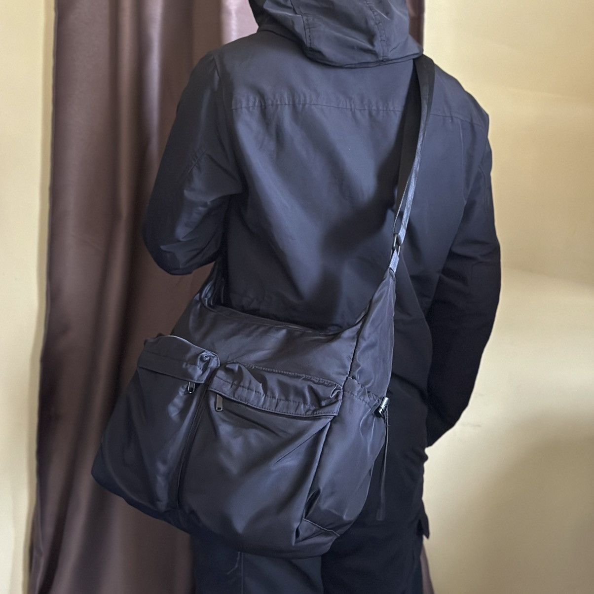 Japanese Streetwear Nylon Crossbody Bag in Black, Men's
