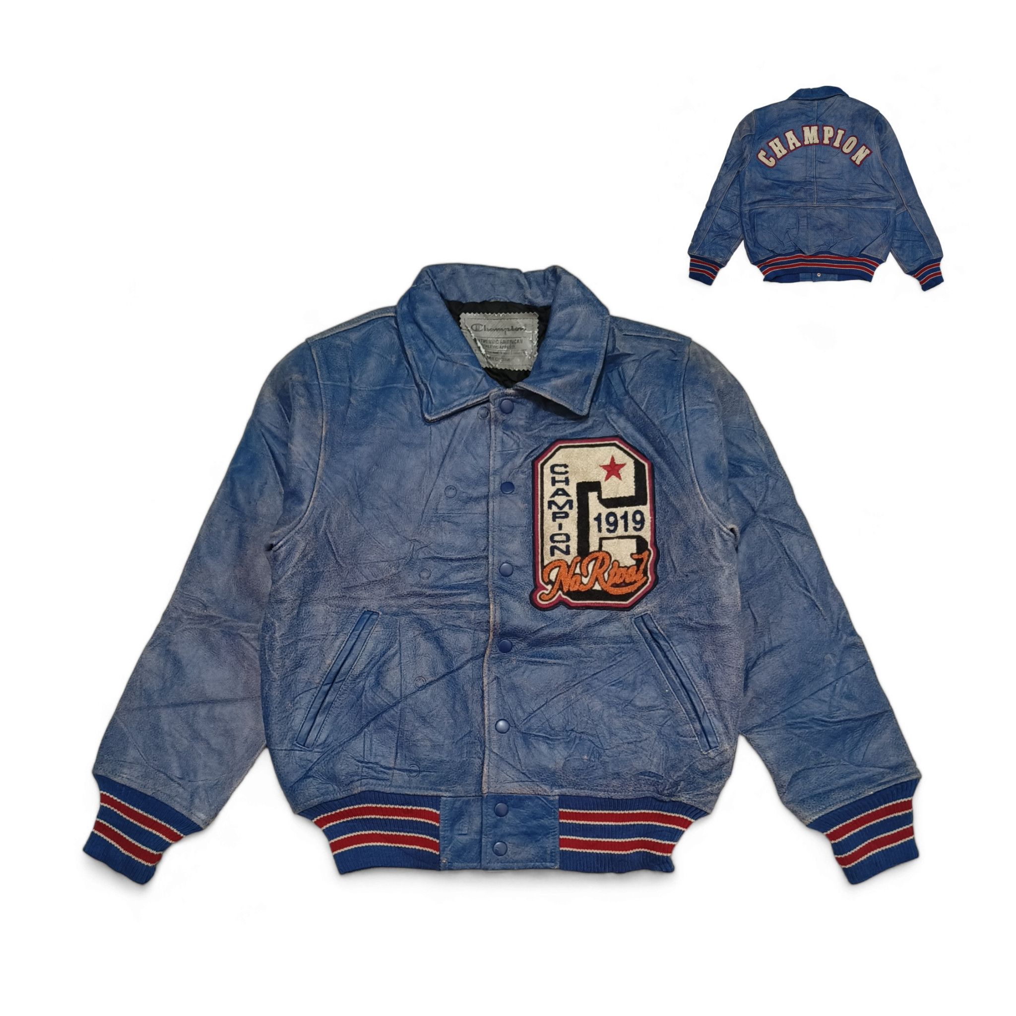 Vintage Champion Varsity Bomber Distressed Leather Jacket