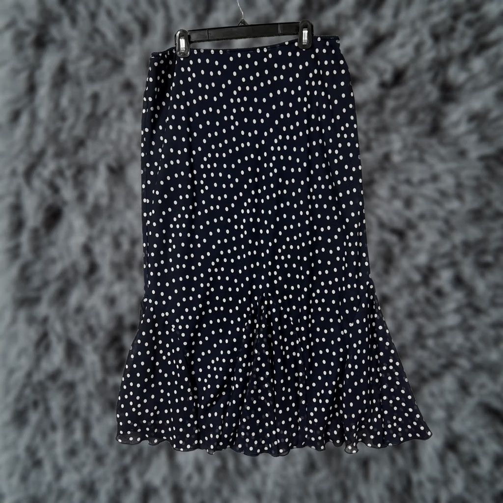 Vintage VINTAGE Chadwicks Skirt 16 Navy Polka Dot Long Trumpet Office Workwear Ruffle Flounce Chiffon Layered Linen Polyester Womens (50s 60s) Size 38" / US 16 / IT 52 - 1 Thumbnail