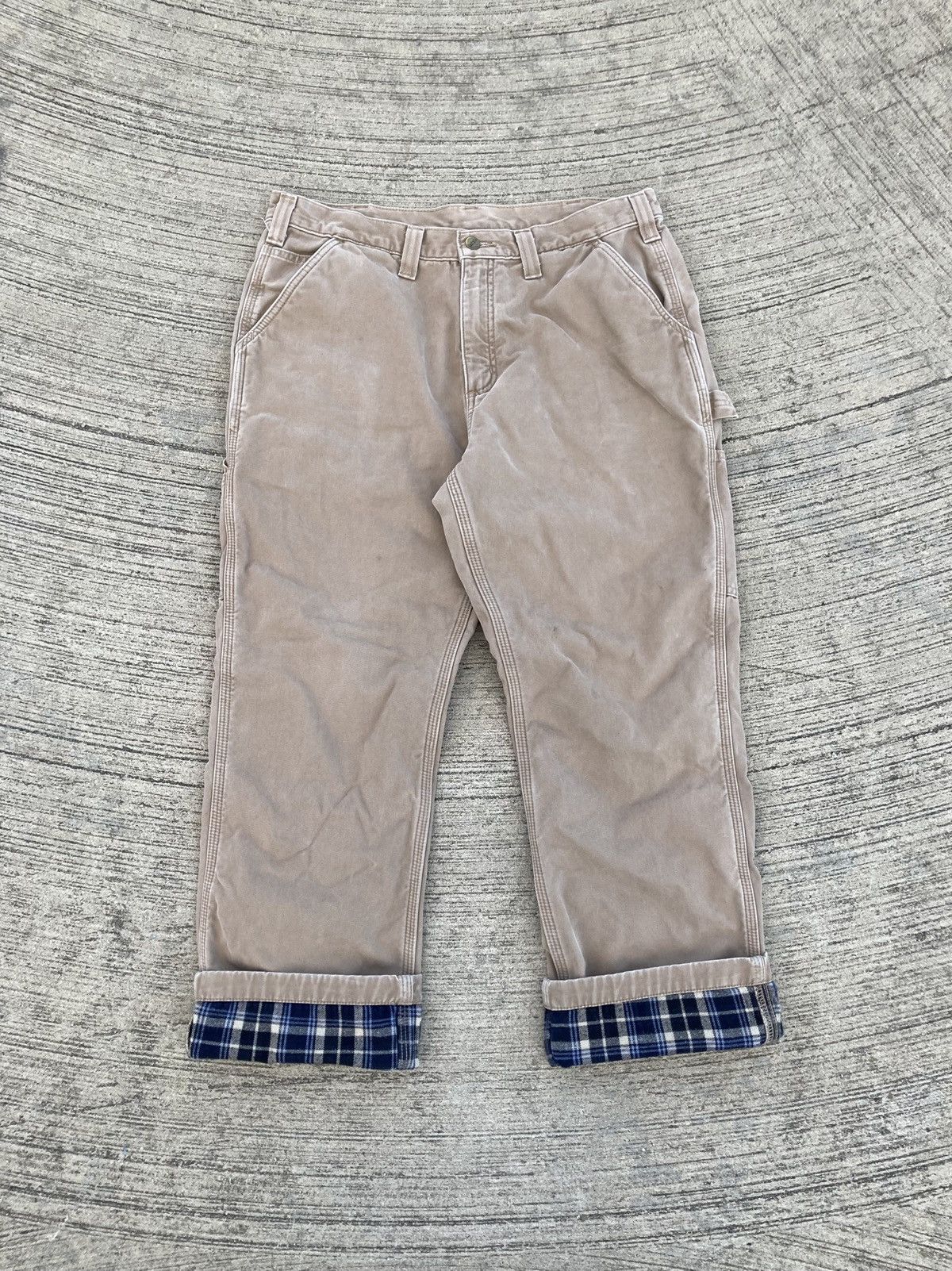 image of Beige Flannel Lined Carhartt Pants Khaki Carhartt Pants 36, Men's