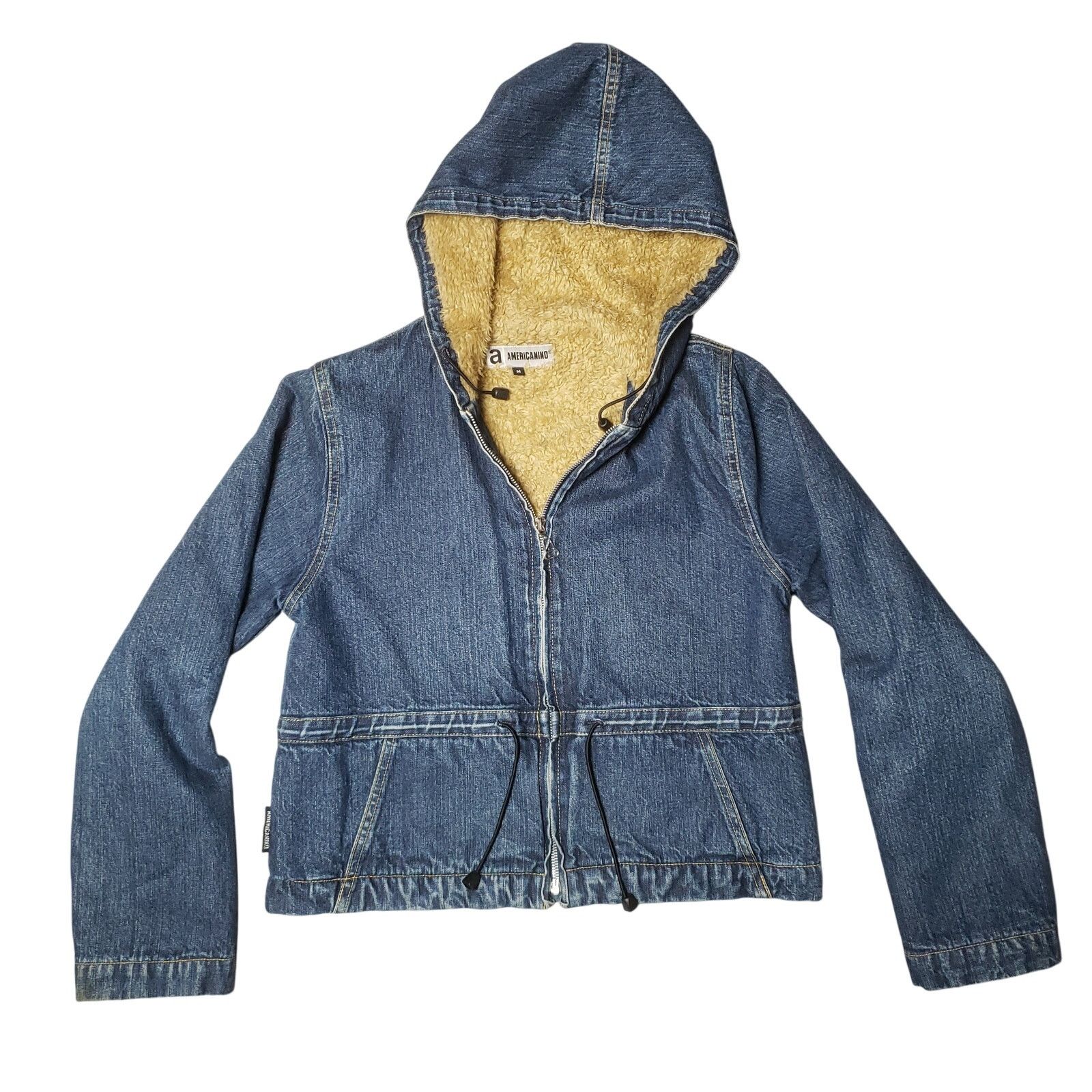 Vtg RARE Americanino Sherpa Denim cropped Zip up Hoodie