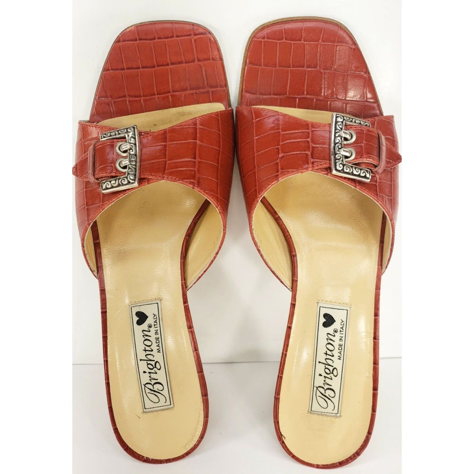 Brighton Brighton Tyler Croc Embossed Red Pump Sandals Women's 7 Slip On Leather M Heel Block Animal Print Slide Shoes, Italy, Handmade No, Vintage No Size US 7 / IT 37 - 7 Thumbnail